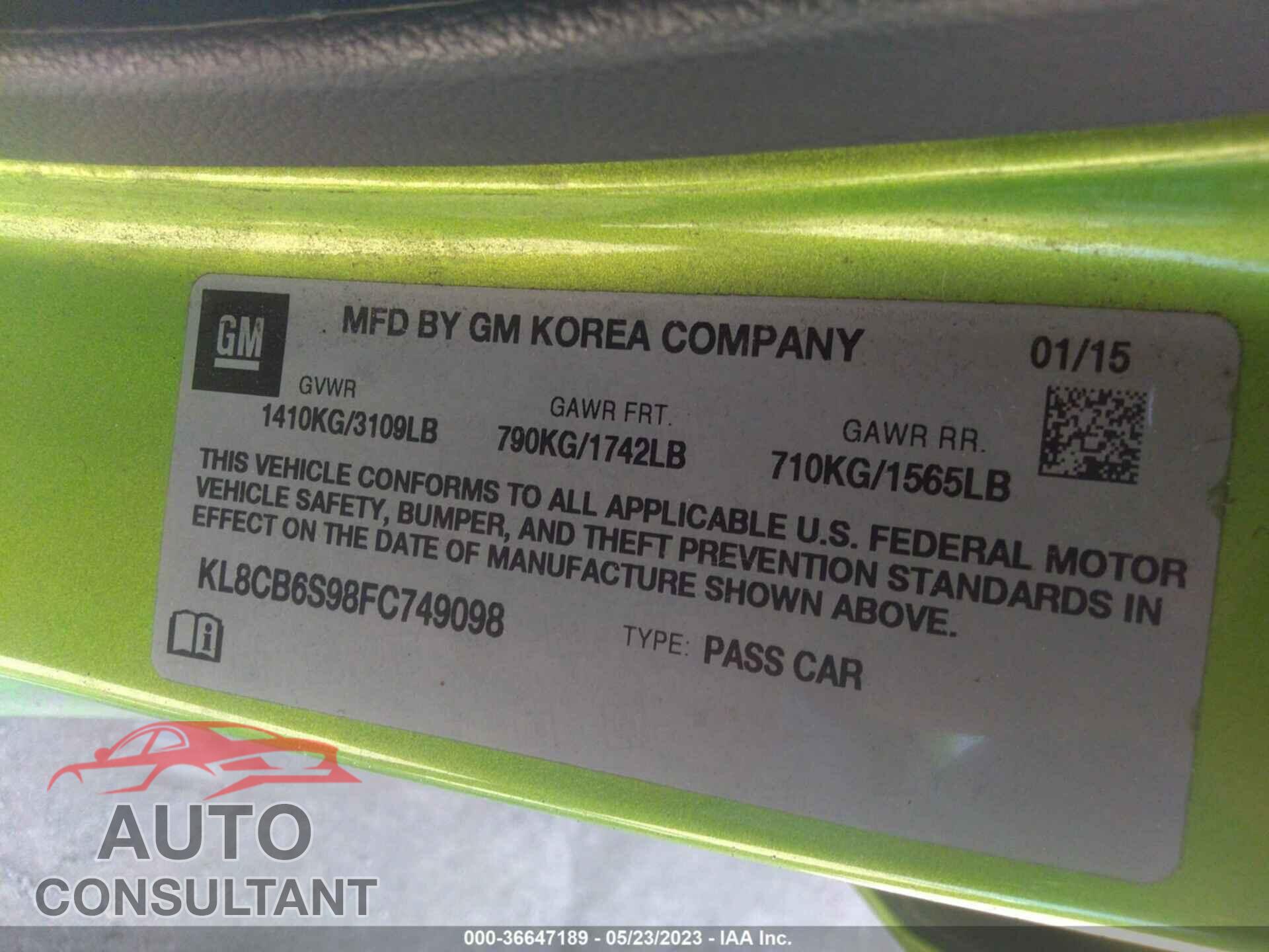 CHEVROLET SPARK 2015 - KL8CB6S98FC749098