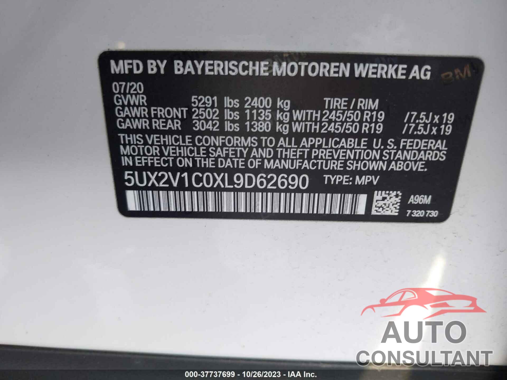 BMW X4 2020 - 5UX2V1C0XL9D62690