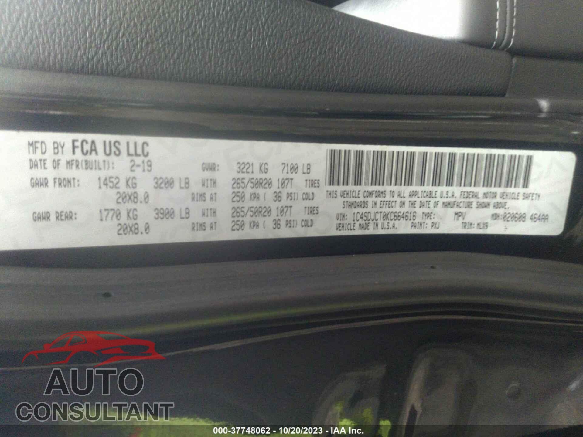 DODGE DURANGO 2019 - 1C4SDJCT0KC664616