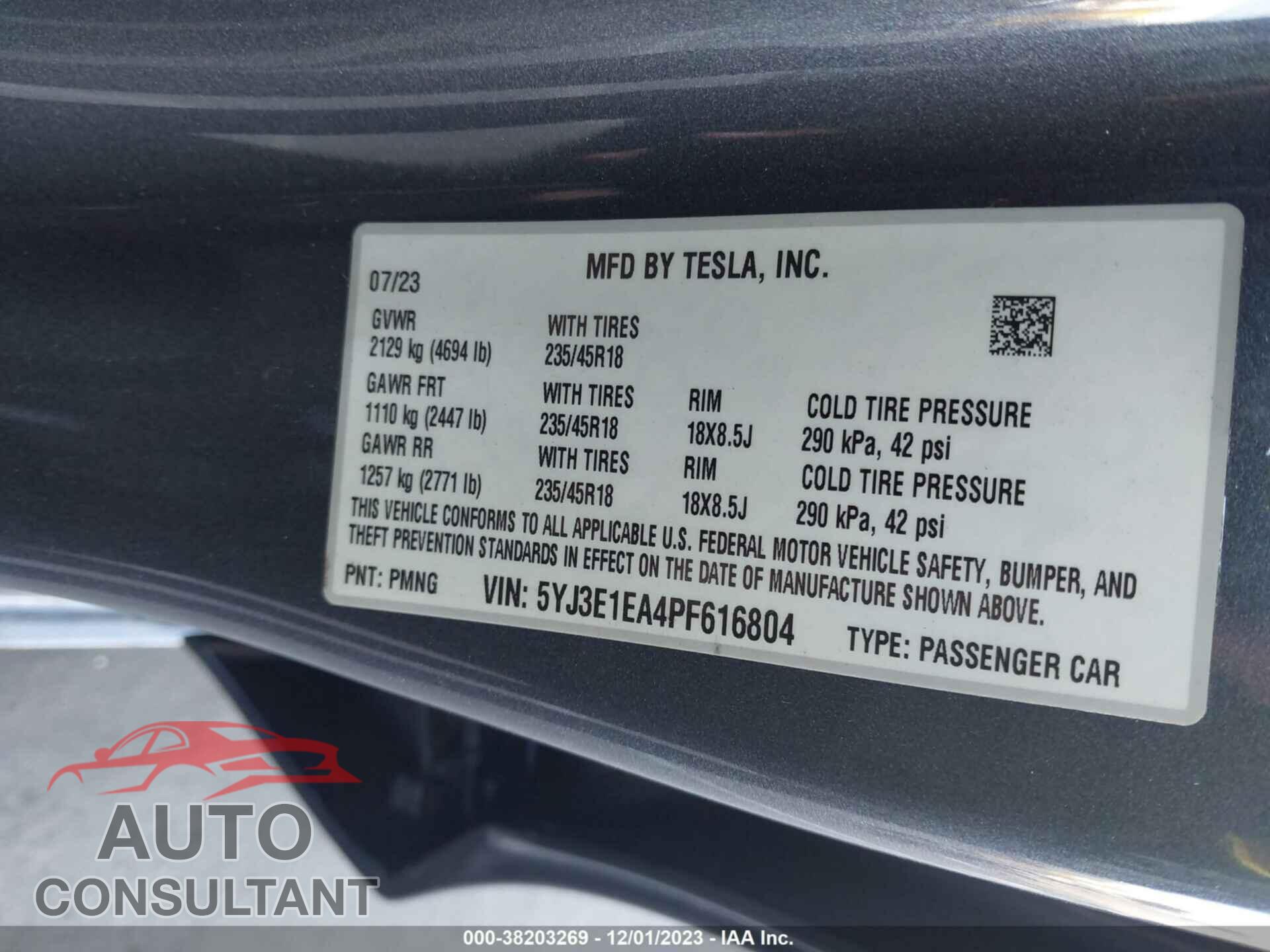 TESLA MODEL 3 2023 - 5YJ3E1EA4PF616804