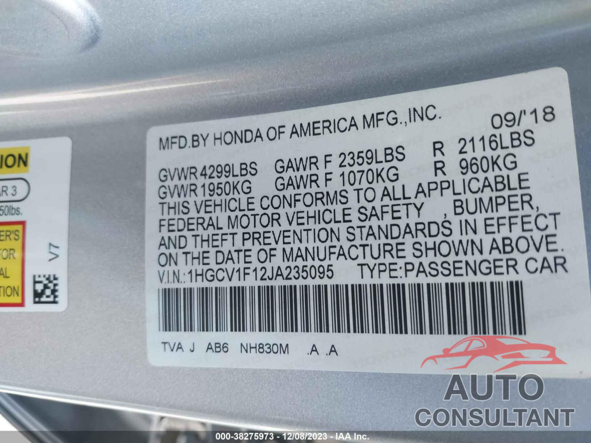 HONDA ACCORD 2018 - 1HGCV1F12JA235095