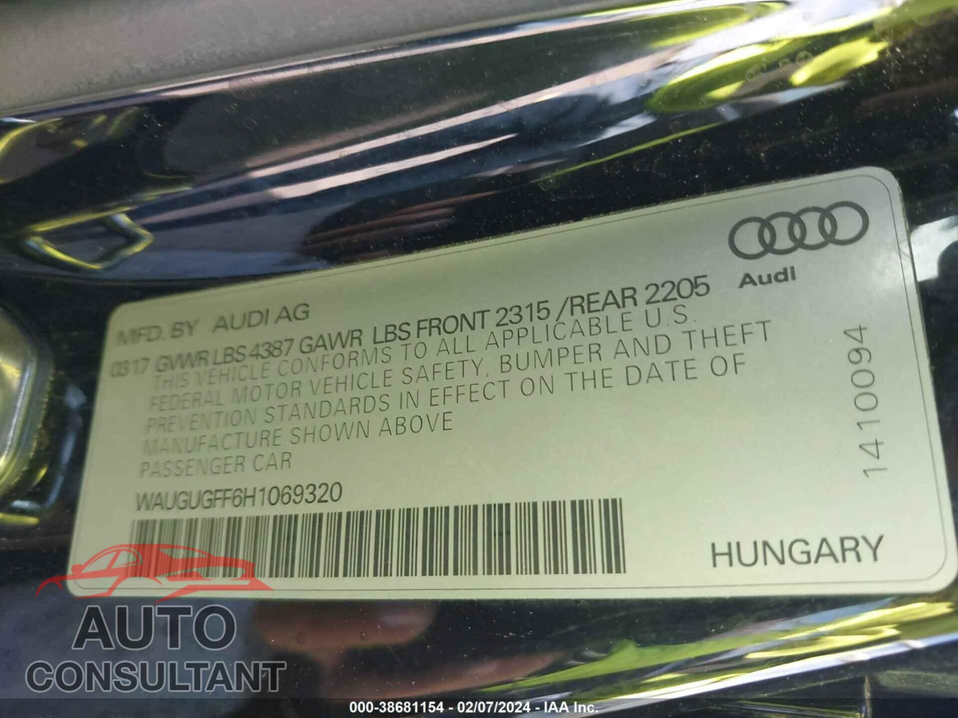 AUDI A3 2017 - WAUGUGFF6H1069320