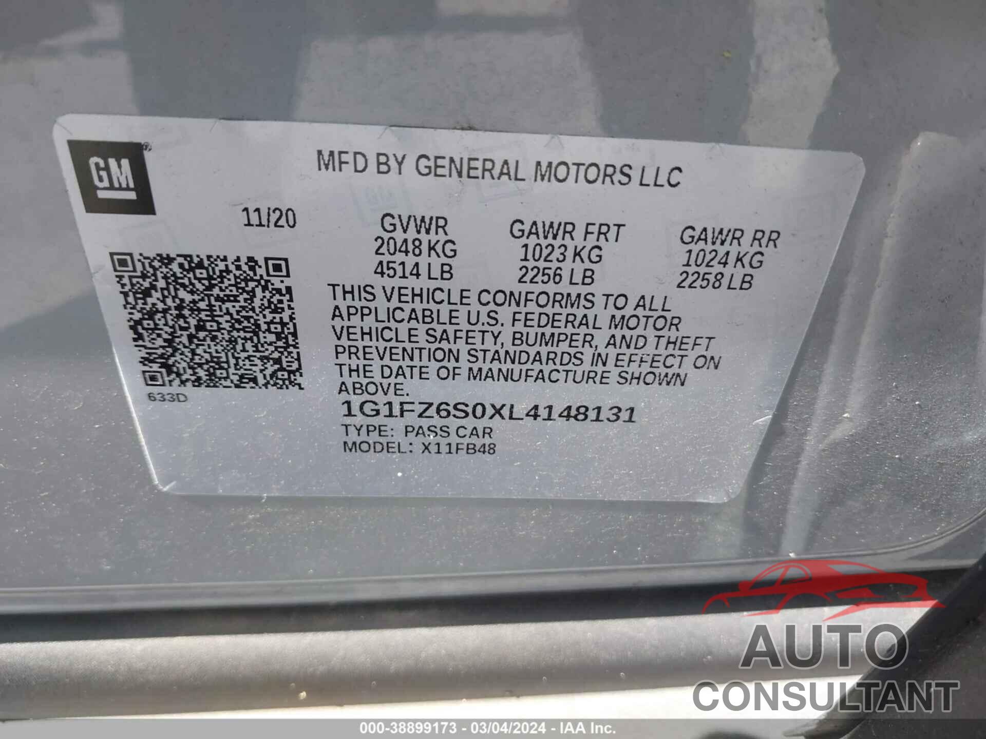 CHEVROLET BOLT EV 2020 - 1G1FZ6S0XL4148131