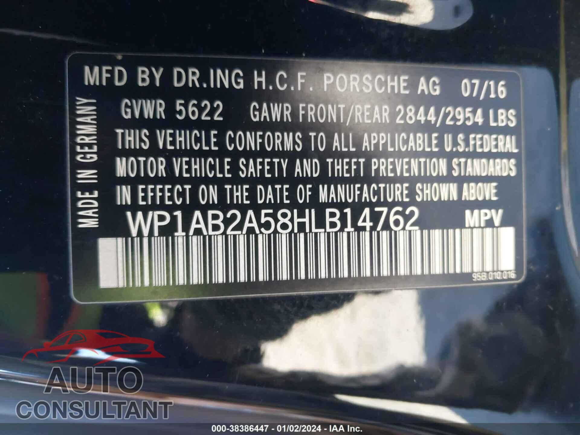 PORSCHE MACAN 2017 - WP1AB2A58HLB14762