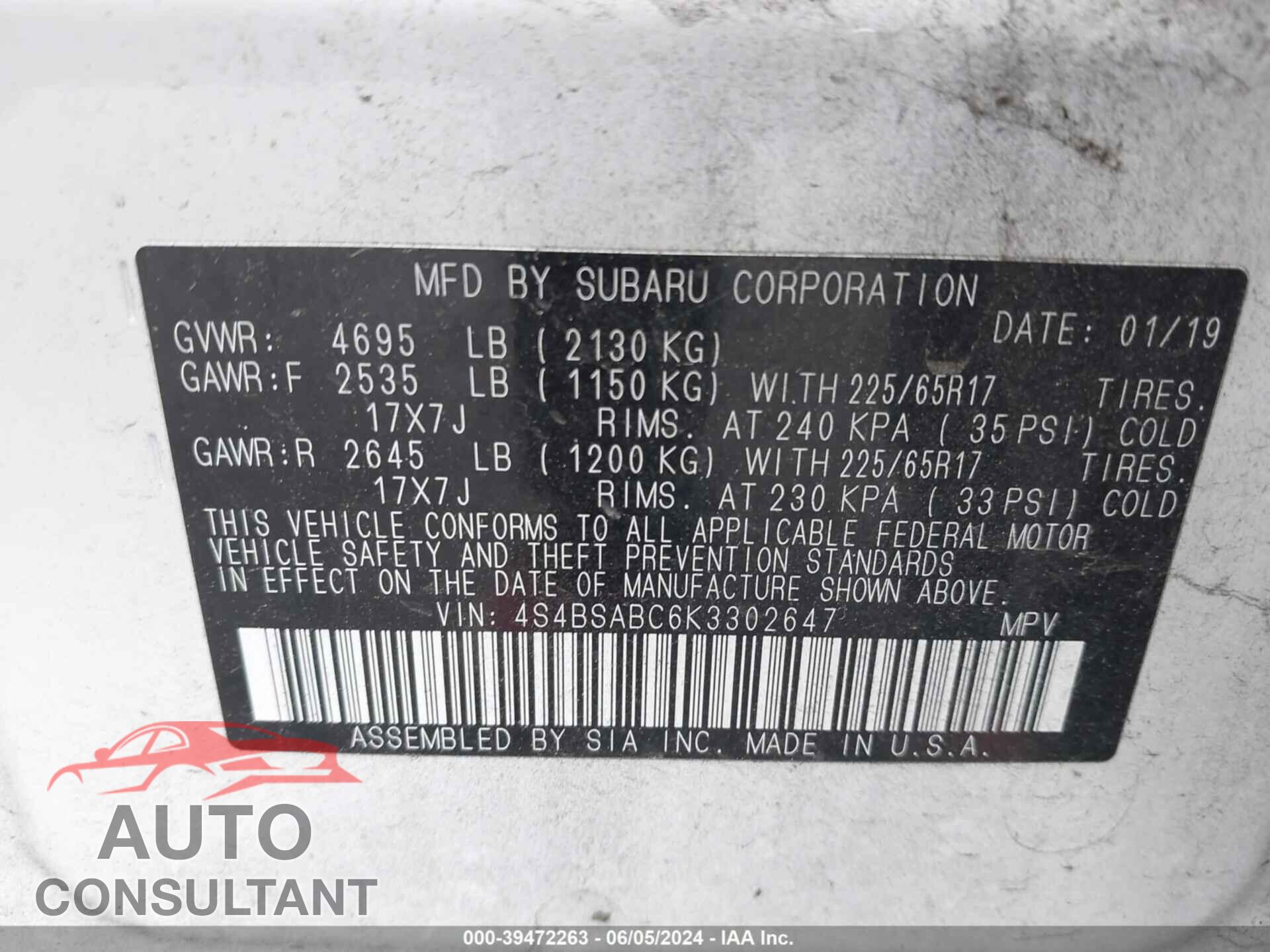 SUBARU OUTBACK 2019 - 4S4BSABC6K3302647