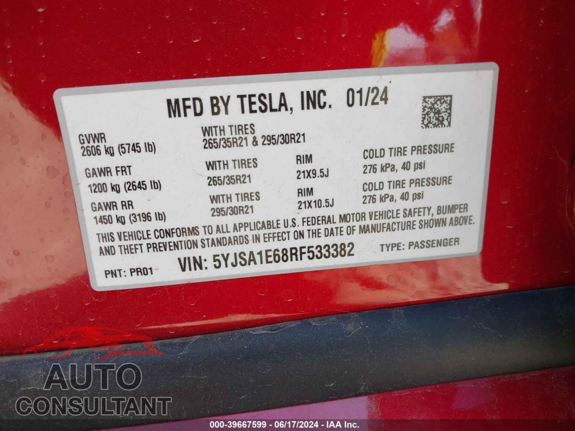TESLA MODEL S 2024 - 5YJSA1E68RF533382