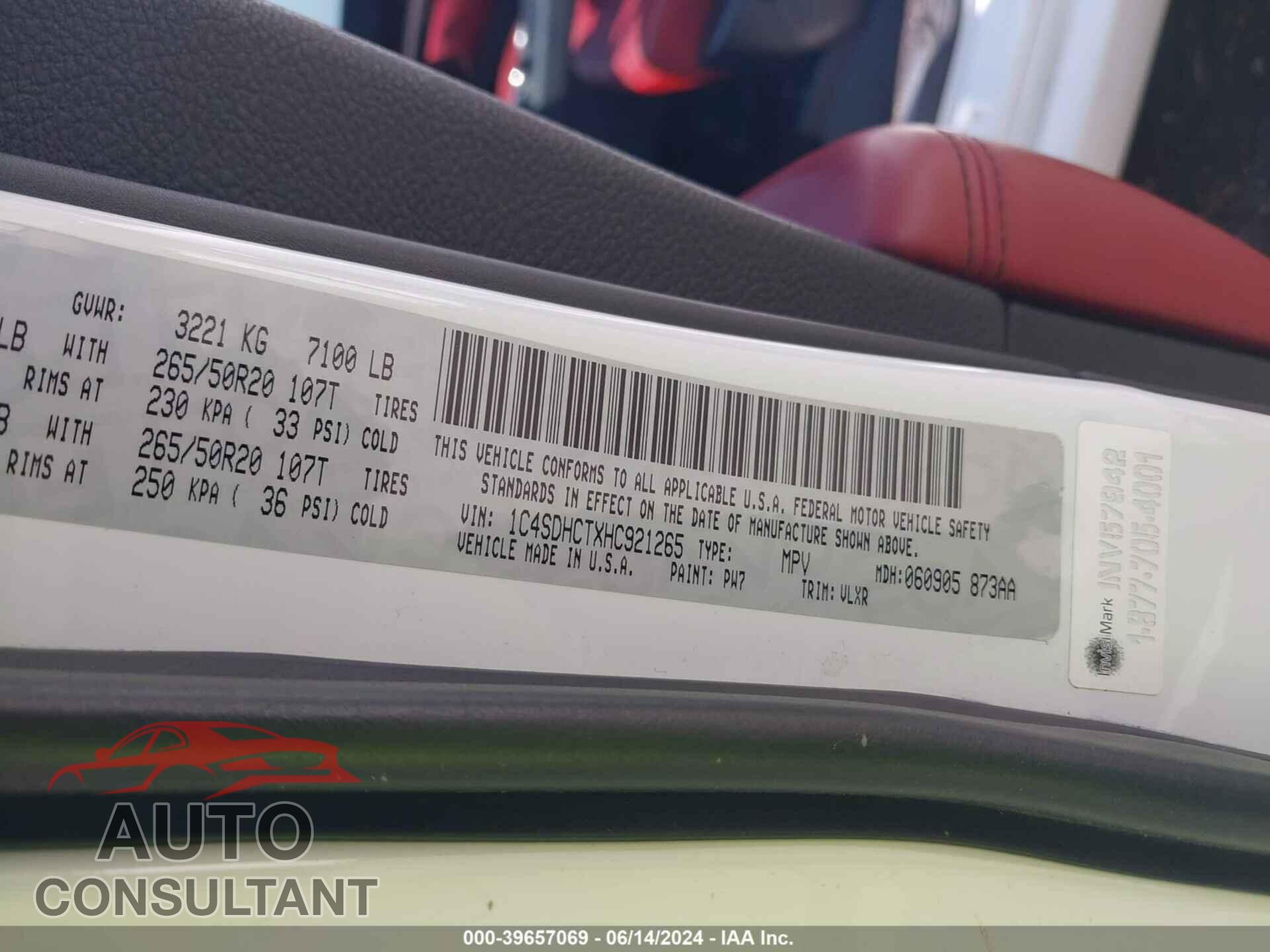 DODGE DURANGO 2017 - 1C4SDHCTXHC921265
