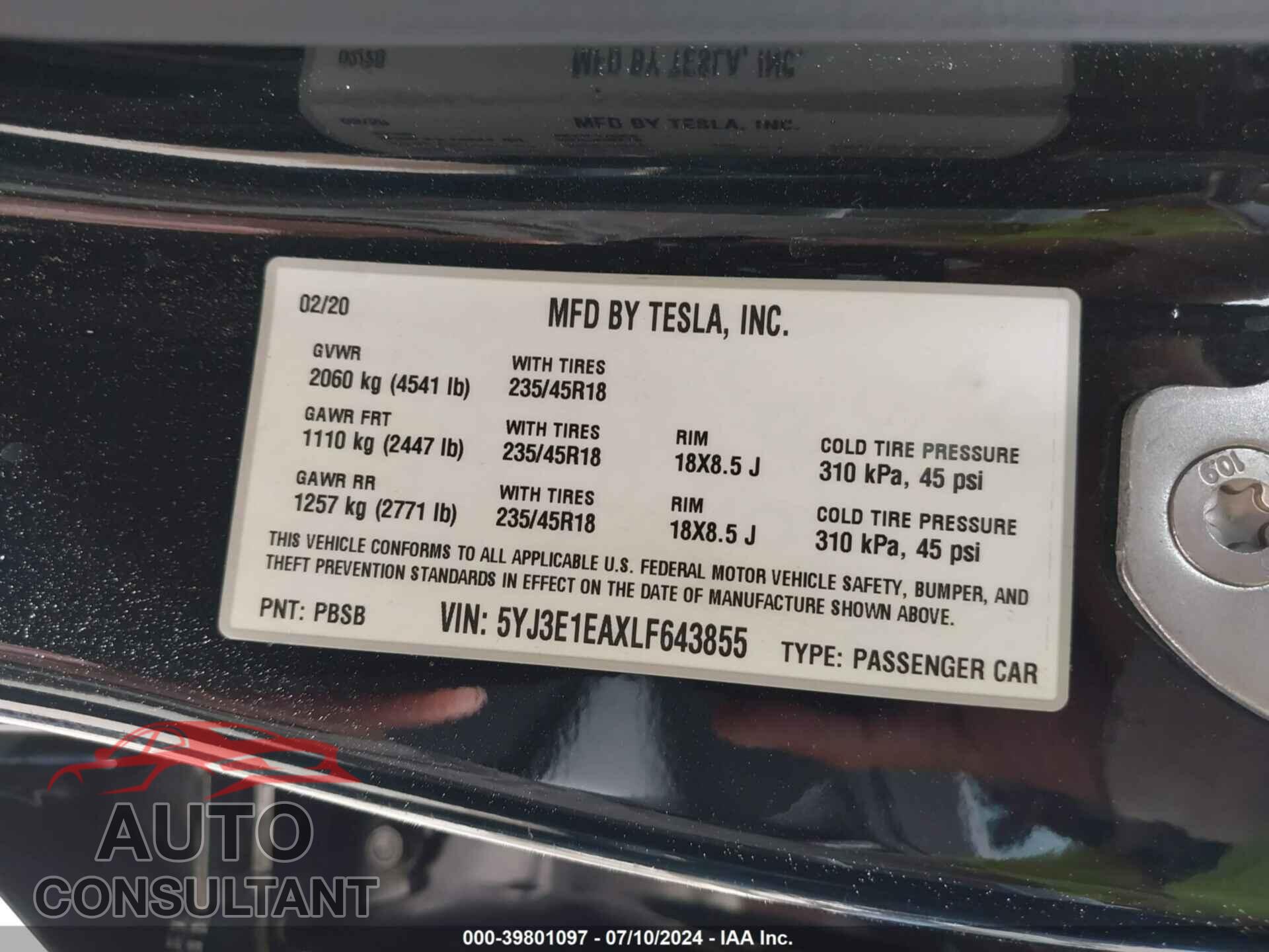 TESLA MODEL 3 2020 - 5YJ3E1EAXLF643855
