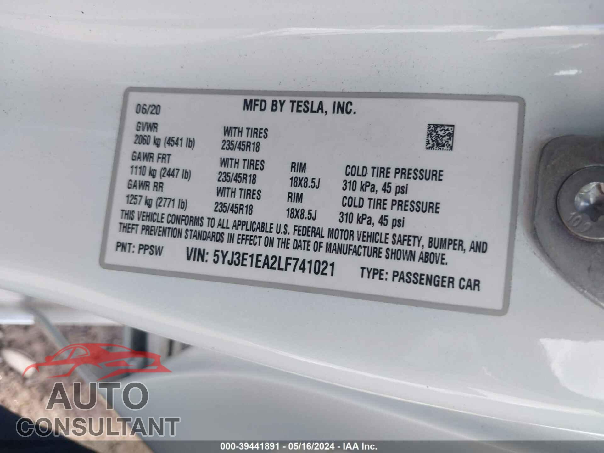 TESLA MODEL 3 2020 - 5YJ3E1EA2LF741021