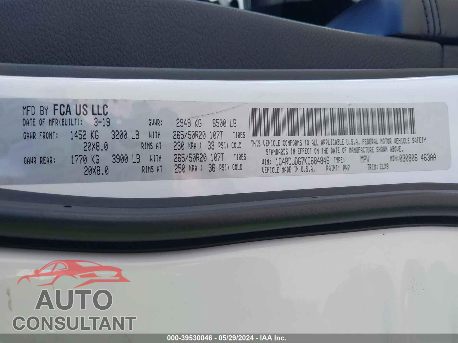 DODGE DURANGO 2019 - 1C4RDJDG7KC684846