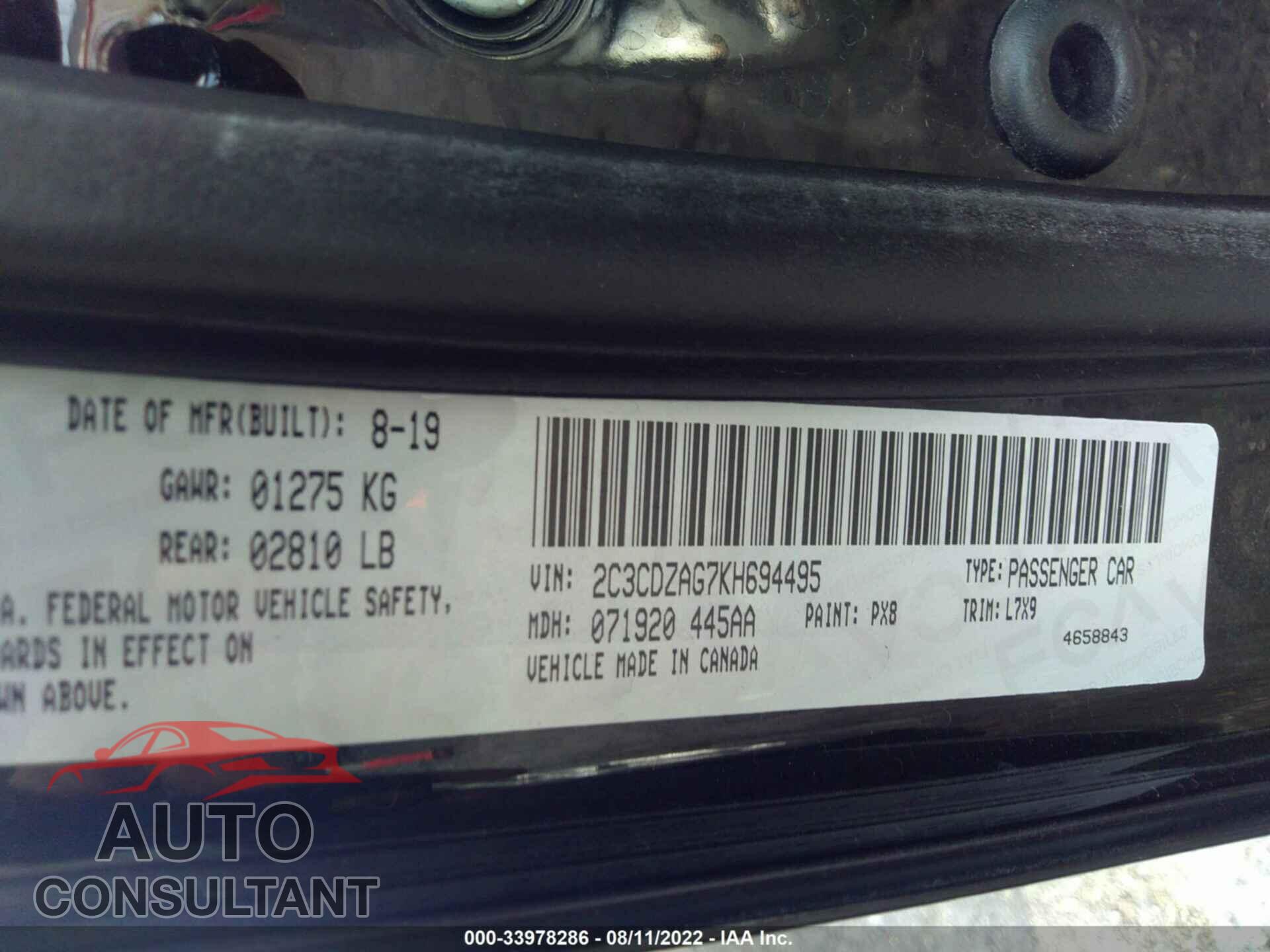 DODGE CHALLENGER 2019 - 2C3CDZAG7KH694495