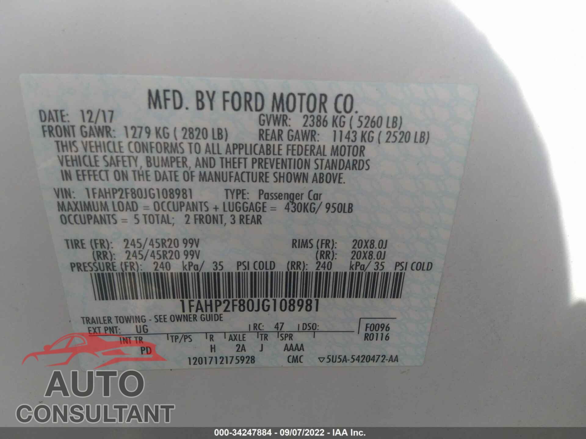 FORD TAURUS 2018 - 1FAHP2F80JG108981