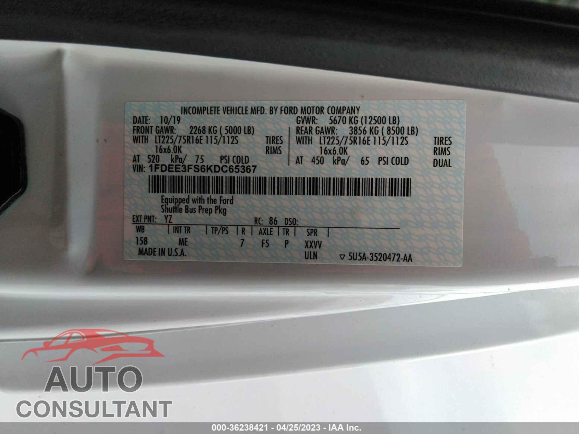 FORD E-350 CUTAWAY 2019 - 1FDEE3FS6KDC65367