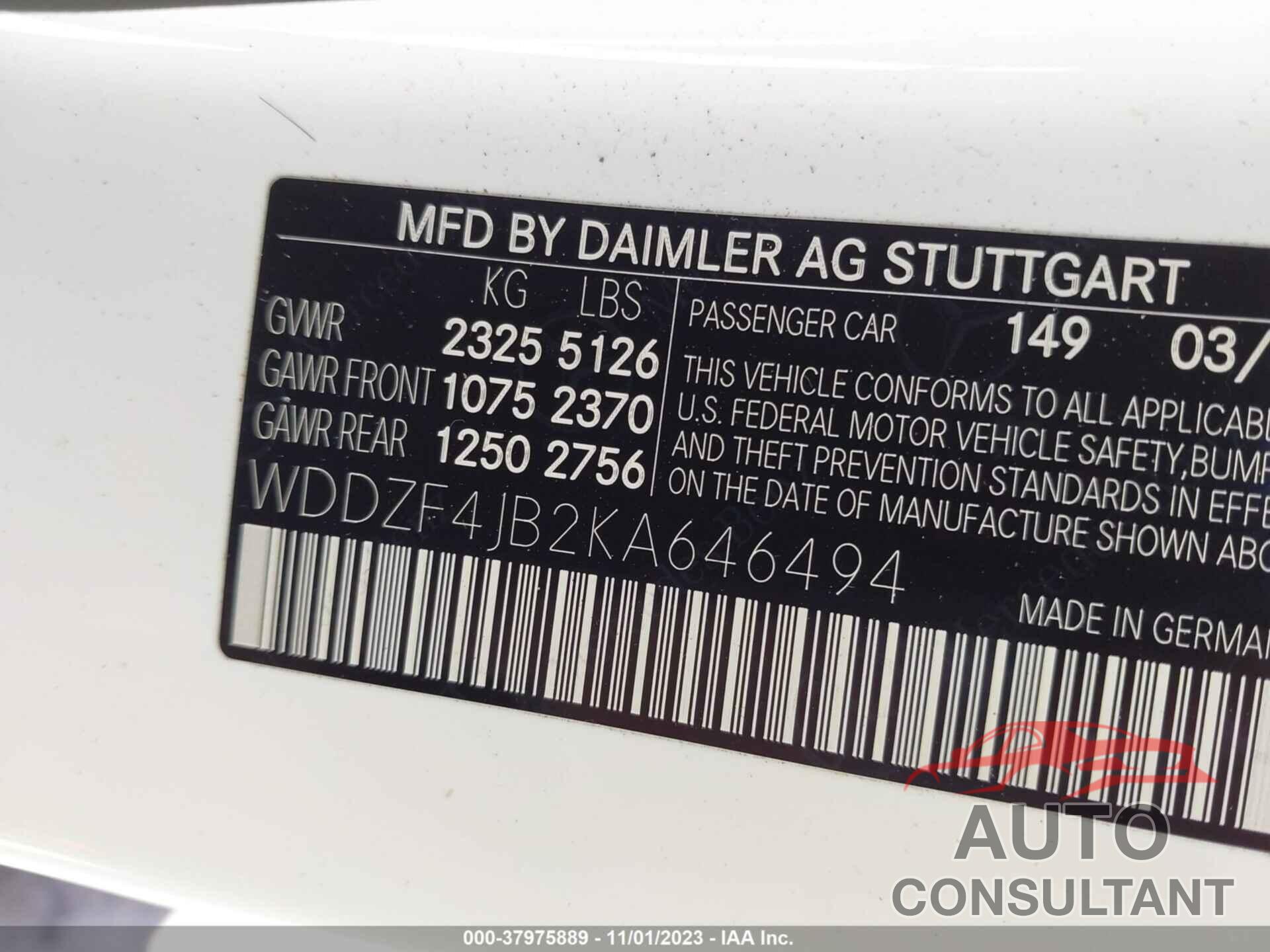 MERCEDES-BENZ E-CLASS 2019 - WDDZF4JB2KA646494