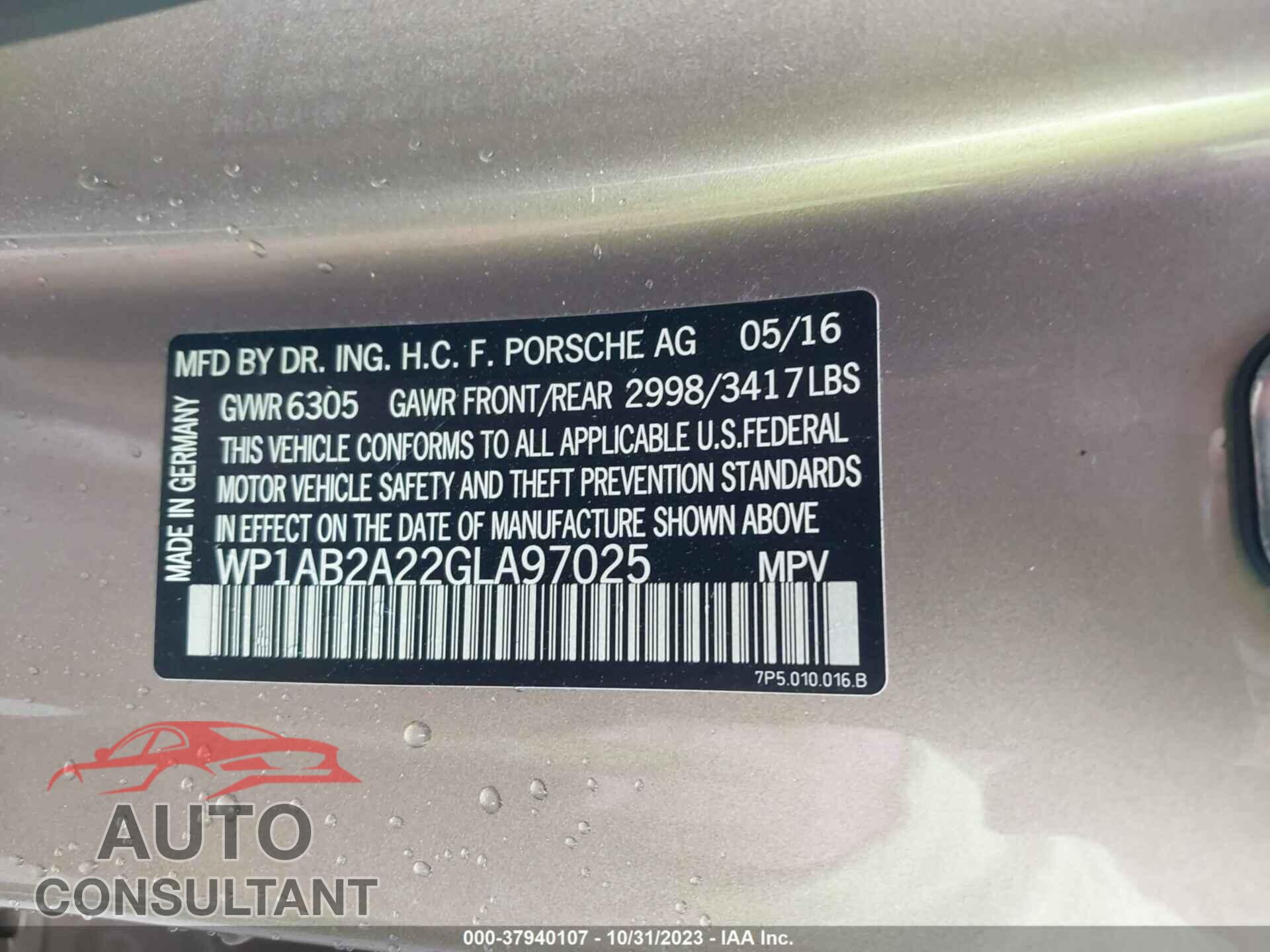 PORSCHE CAYENNE 2016 - WP1AB2A22GLA97025