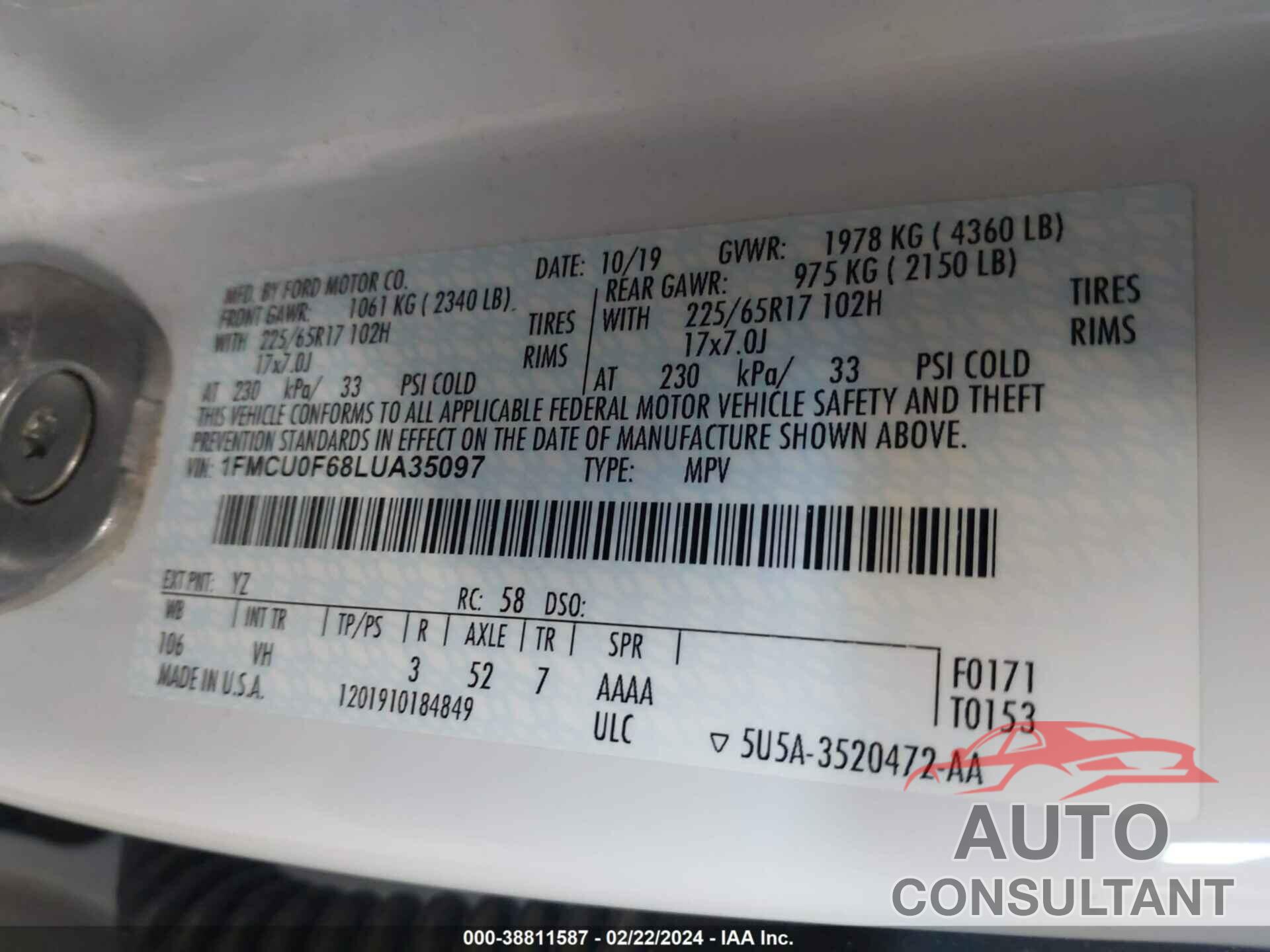 FORD ESCAPE 2020 - 1FMCU0F68LUA35097