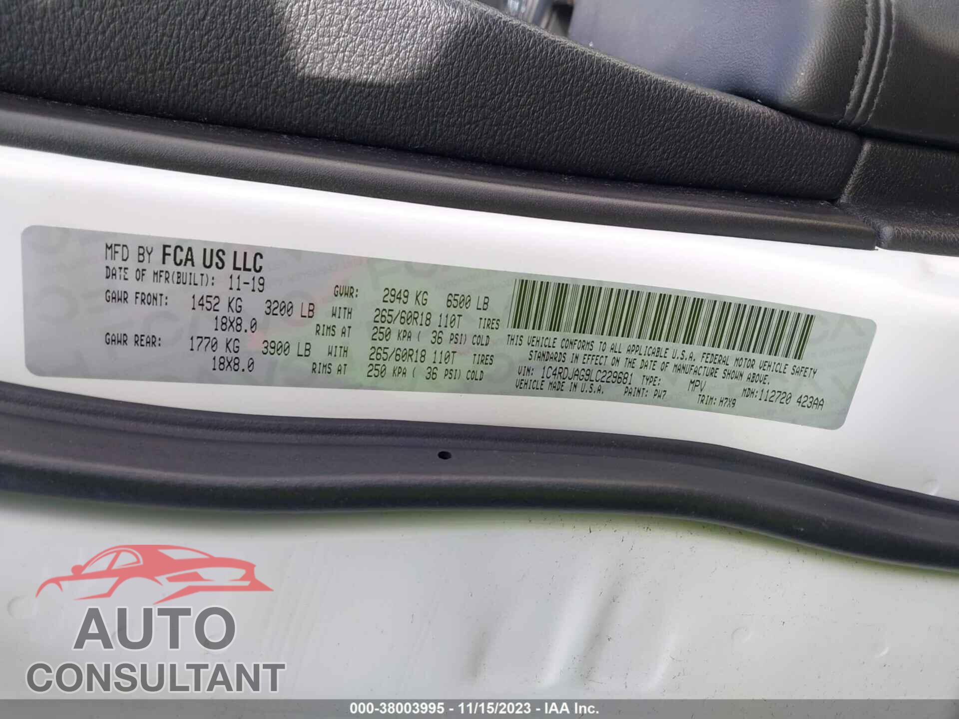 DODGE DURANGO 2020 - 1C4RDJAG9LC229681