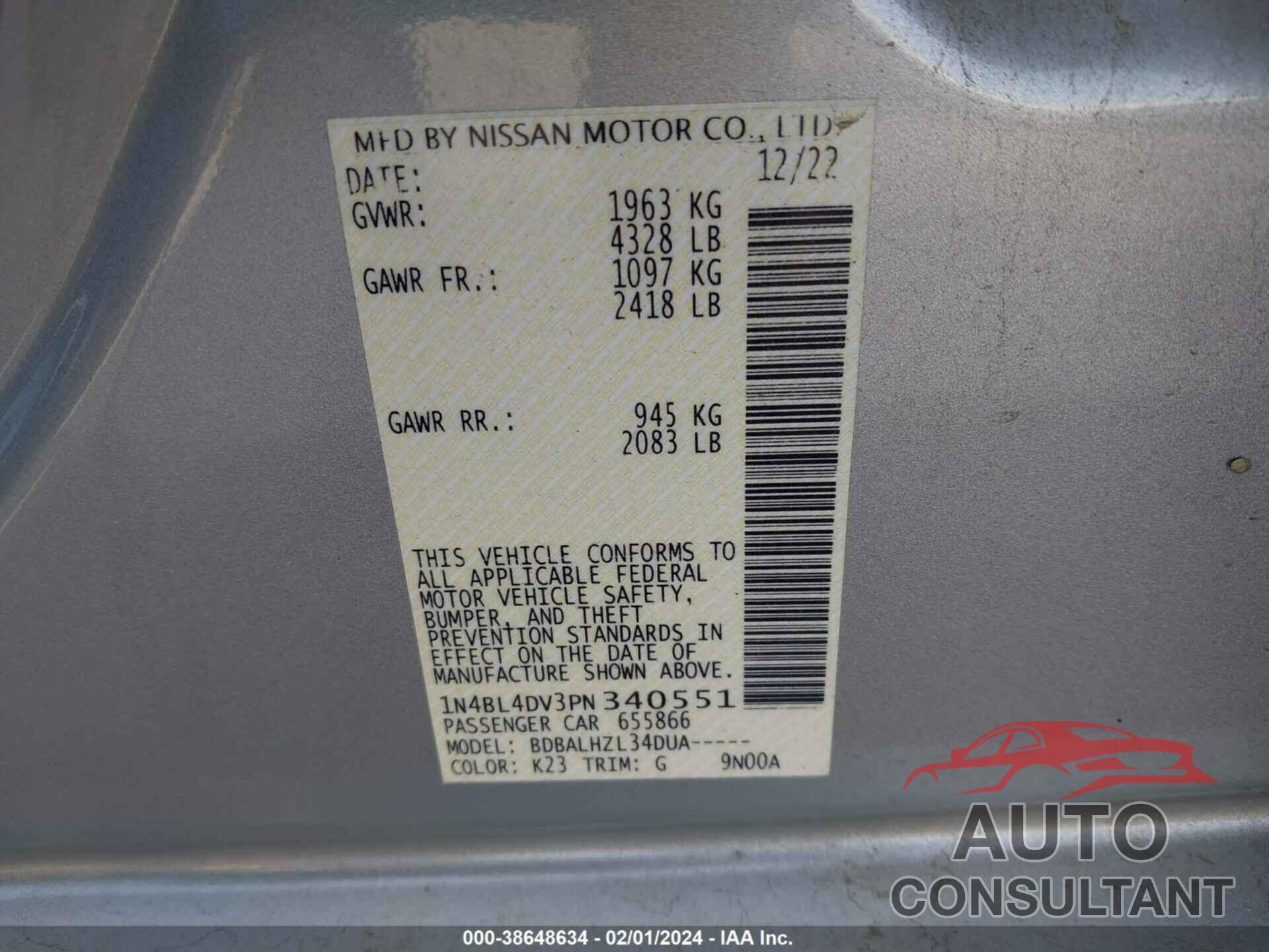 NISSAN ALTIMA 2023 - 1N4BL4DV3PN340551