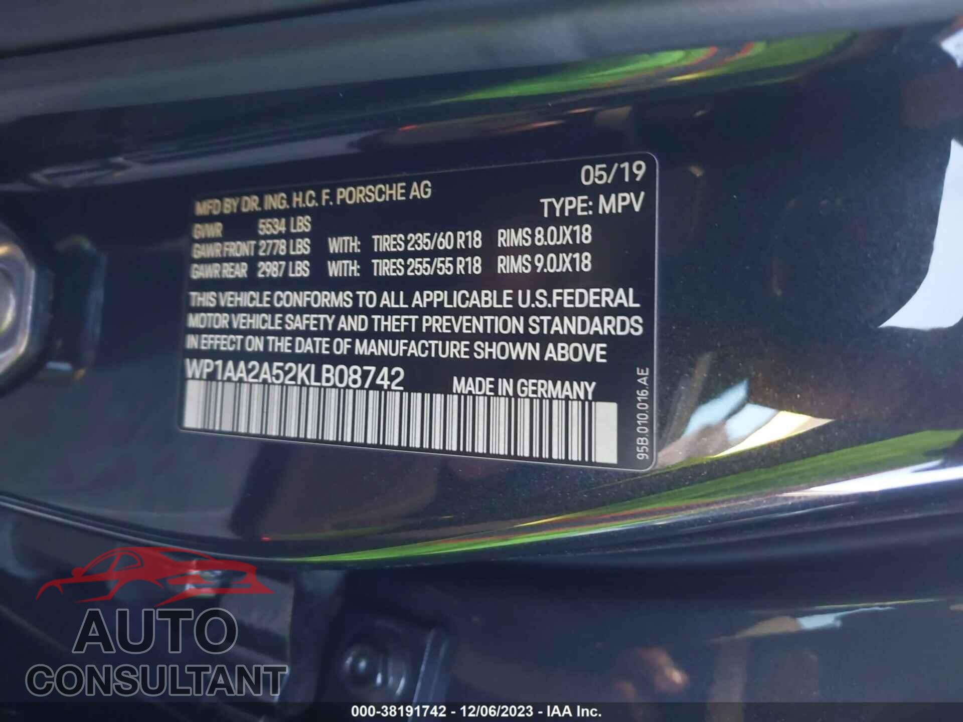 PORSCHE MACAN 2019 - WP1AA2A52KLB08742