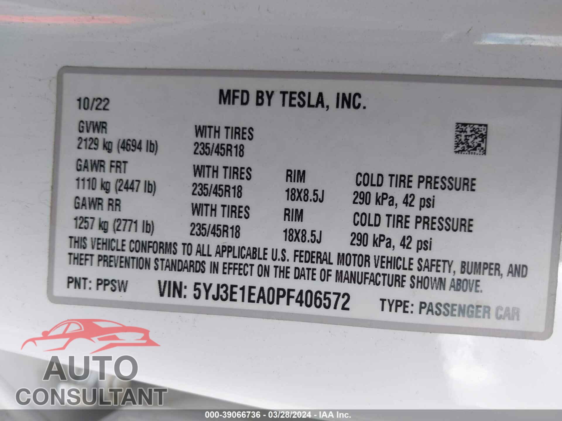 TESLA MODEL 3 2023 - 5YJ3E1EA0PF406572