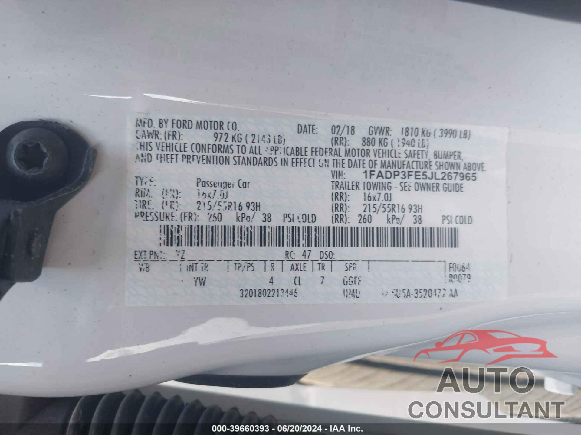 FORD FOCUS 2018 - 1FADP3FE5JL267965