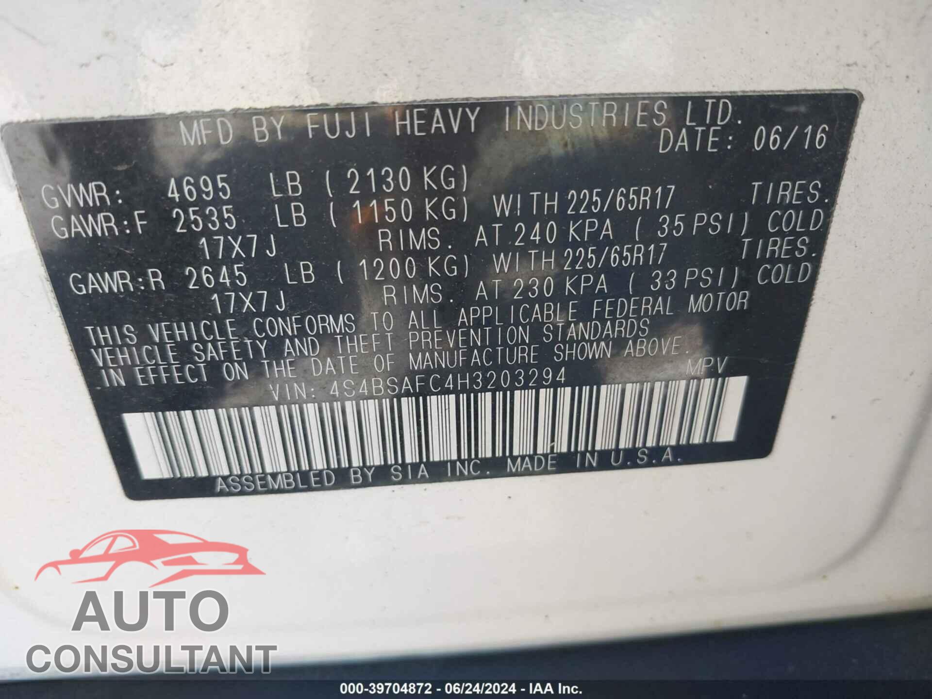 SUBARU OUTBACK 2017 - 4S4BSAFC4H3203294