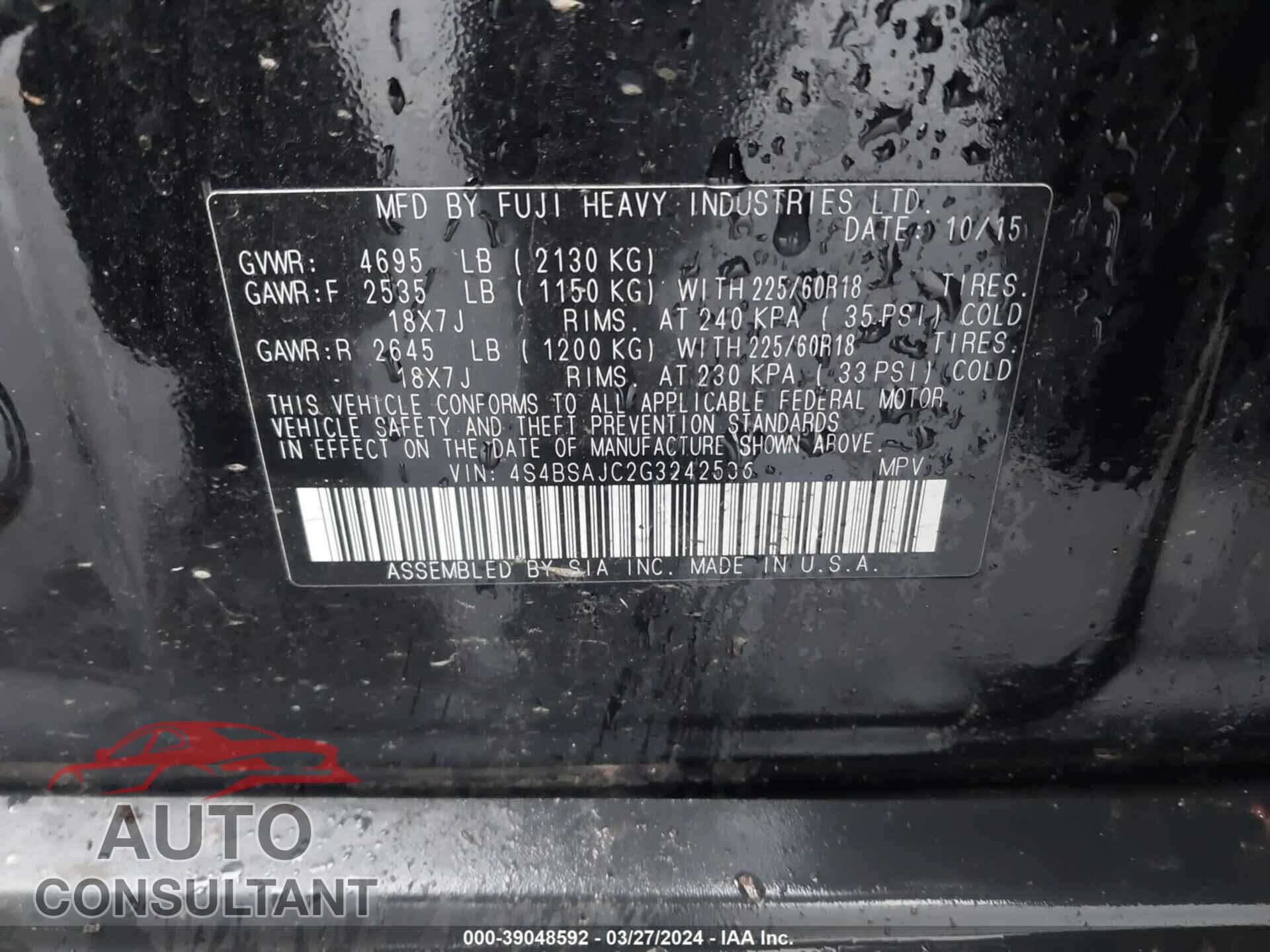 SUBARU OUTBACK 2016 - 4S4BSAJC2G3242536