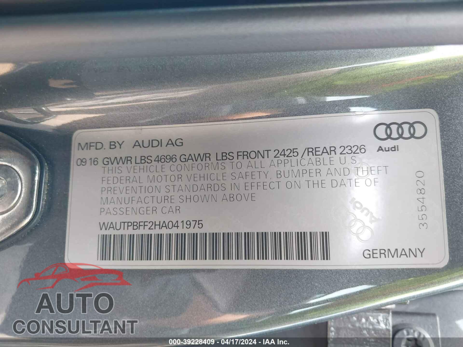 AUDI A3 E-TRON 2017 - WAUTPBFF2HA041975