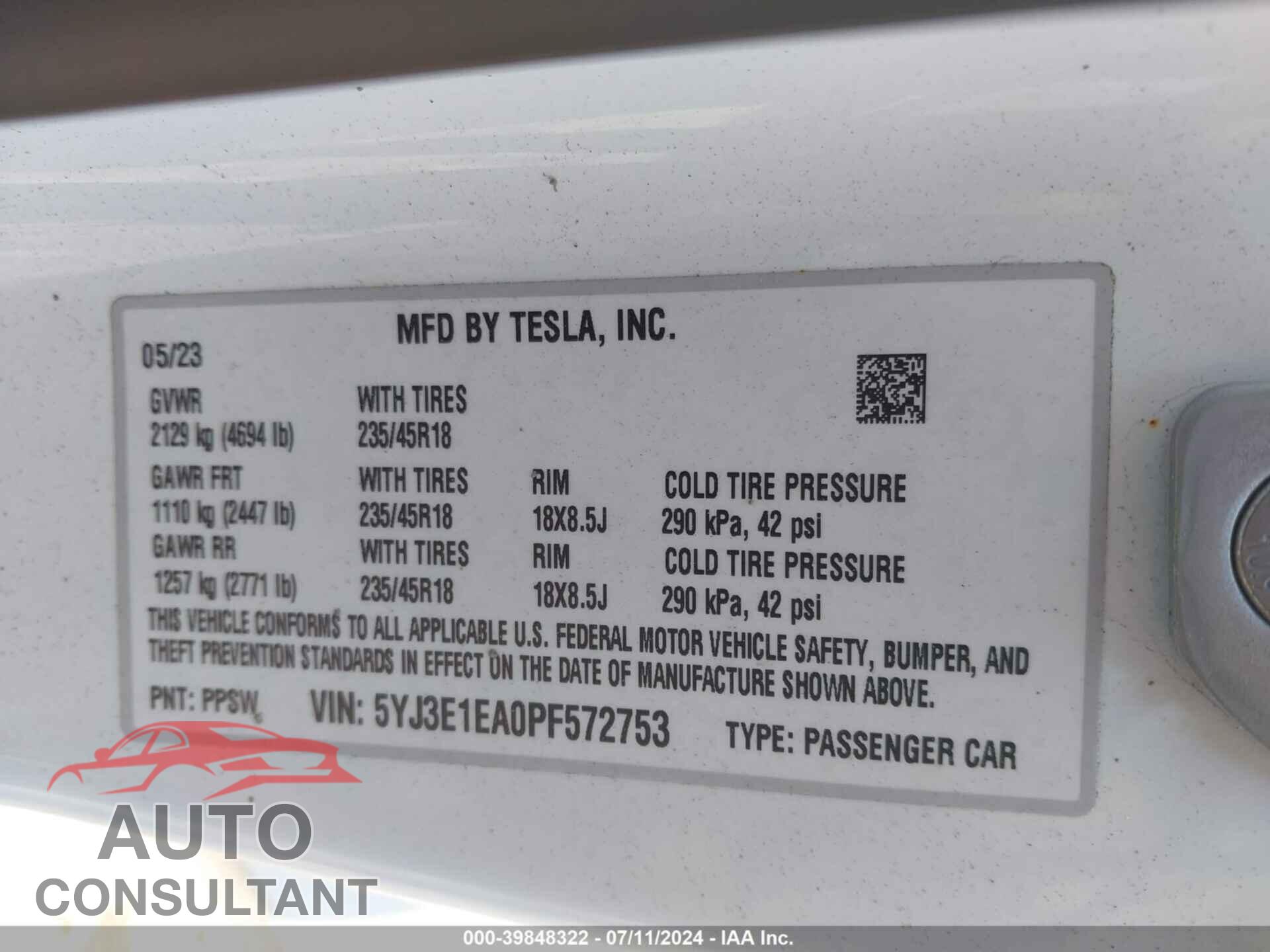 TESLA MODEL 3 2023 - 5YJ3E1EA0PF572753