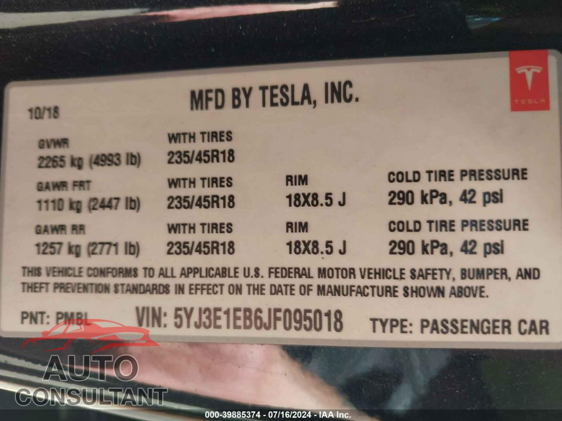 TESLA MODEL 3 2018 - 5YJ3E1EB6JF095018