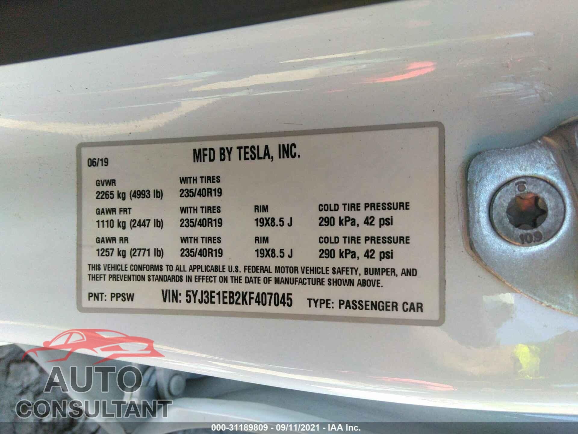 TESLA MODEL 3 2019 - 5YJ3E1EB2KF407045