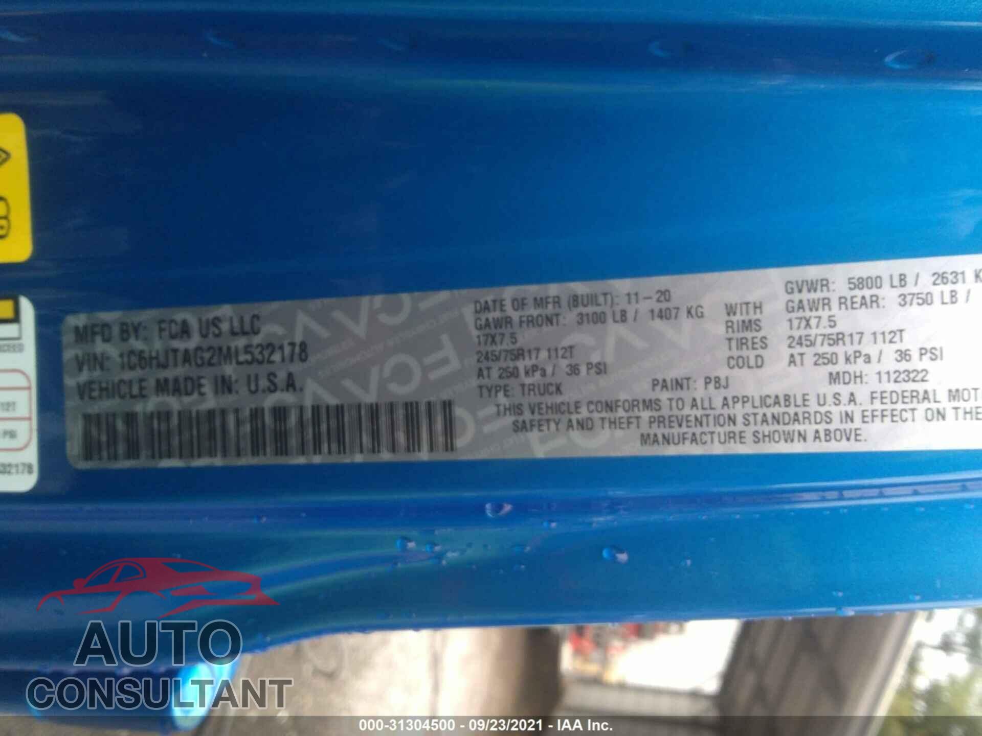 JEEP GLADIATOR 2021 - 1C6HJTAG2ML532178