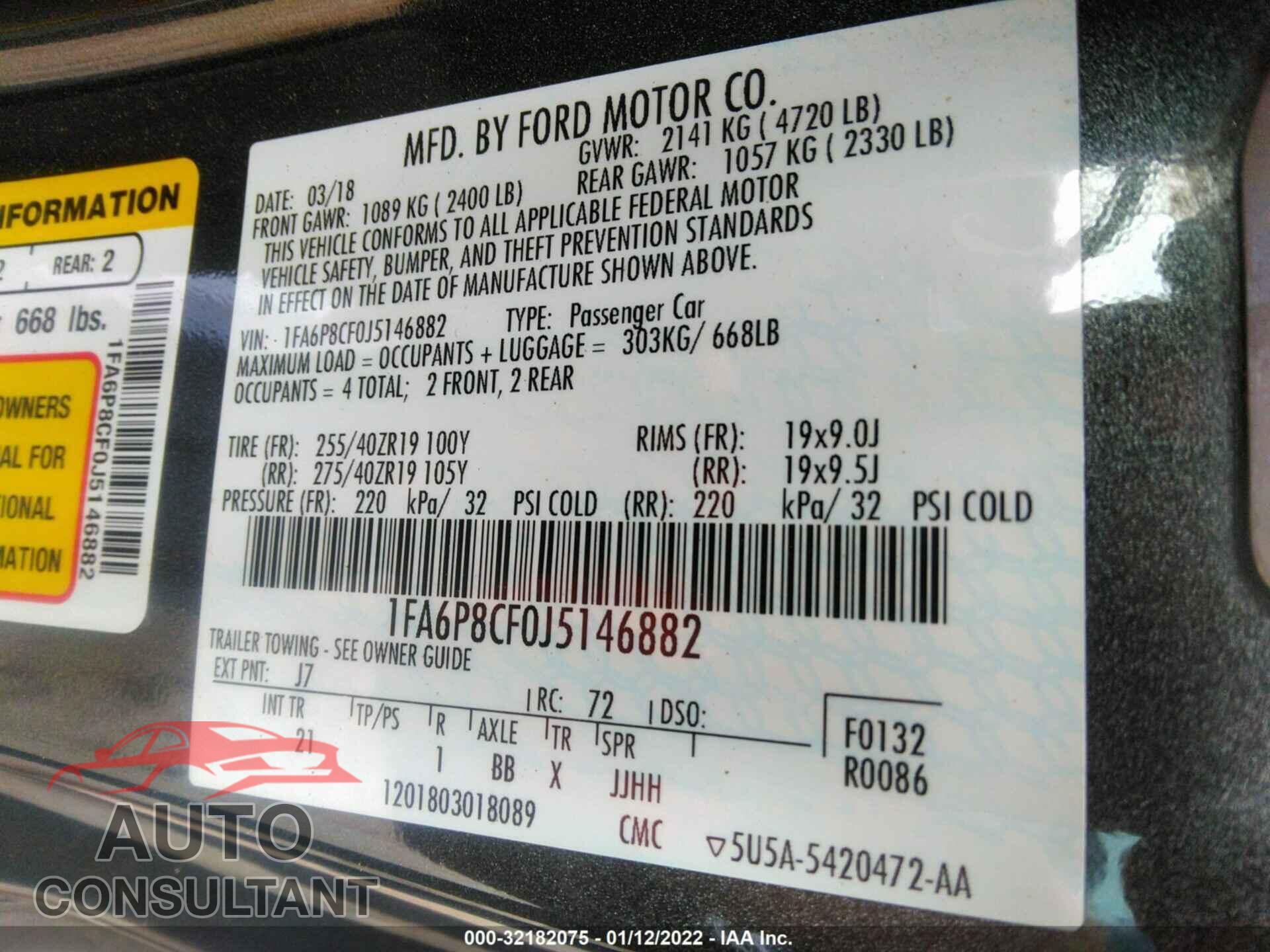 FORD MUSTANG 2018 - 1FA6P8CF0J5146882
