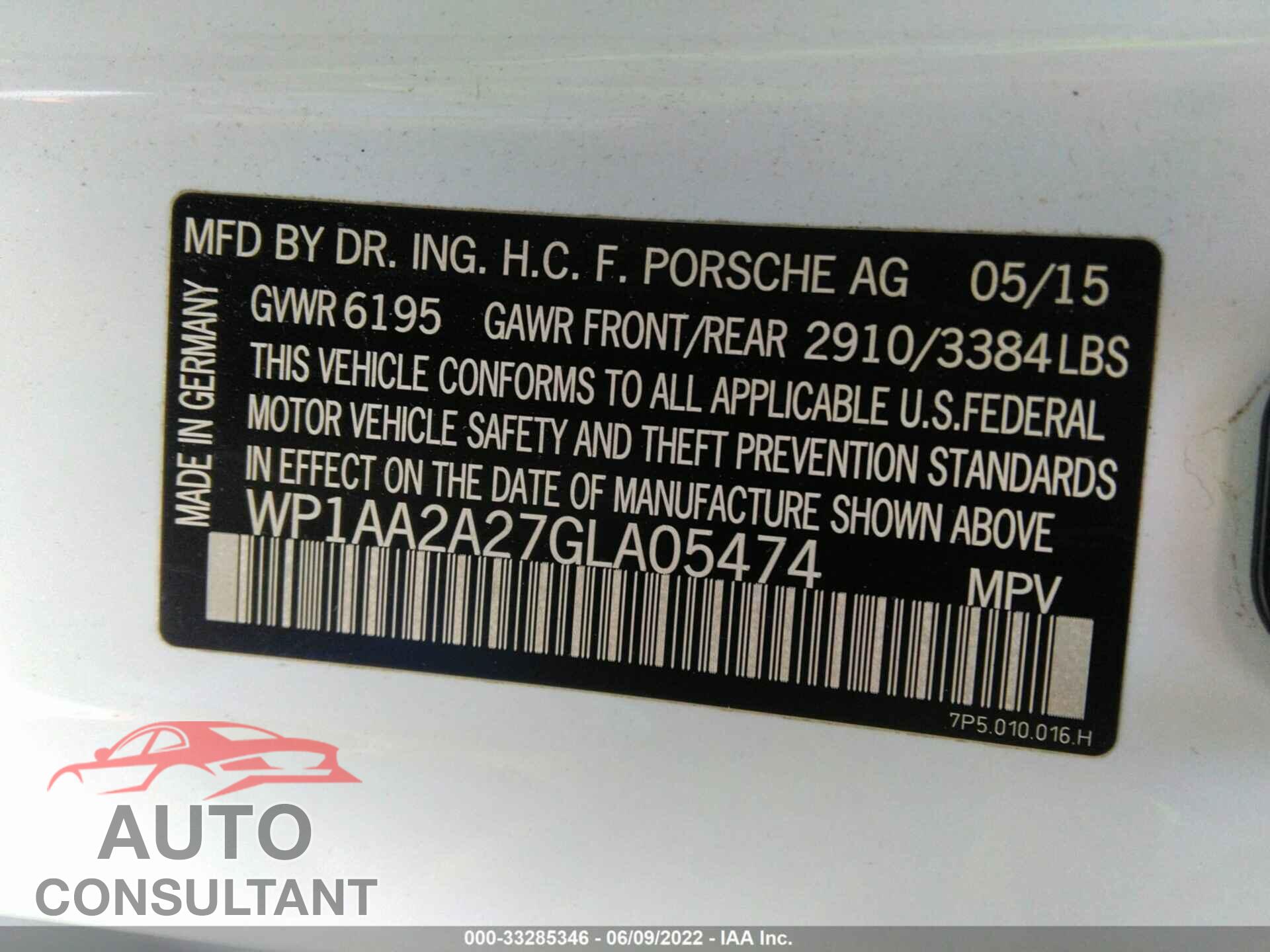 PORSCHE CAYENNE 2016 - WP1AA2A27GLA05474