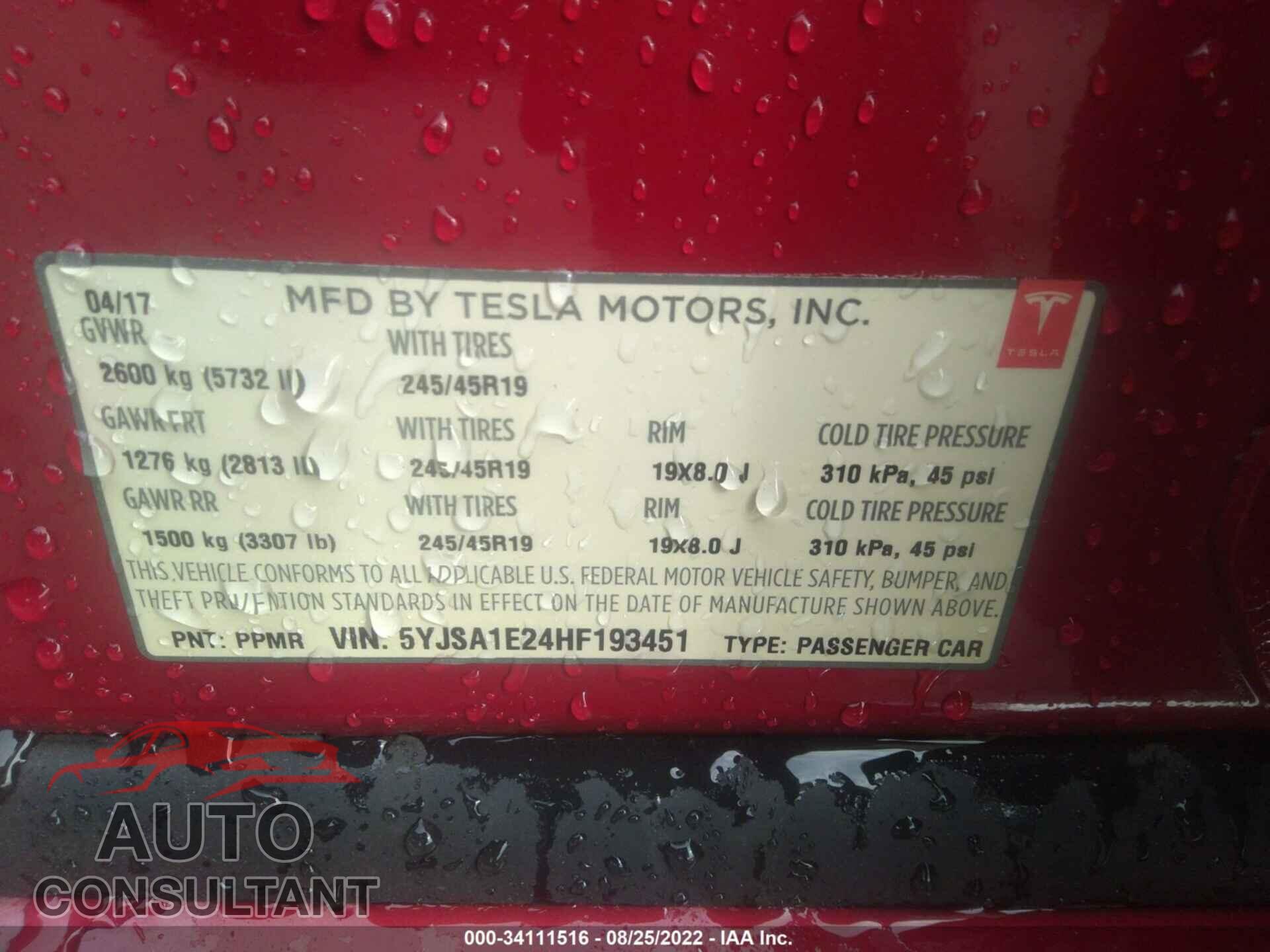 TESLA MODEL S 2017 - 5YJSA1E24HF193451