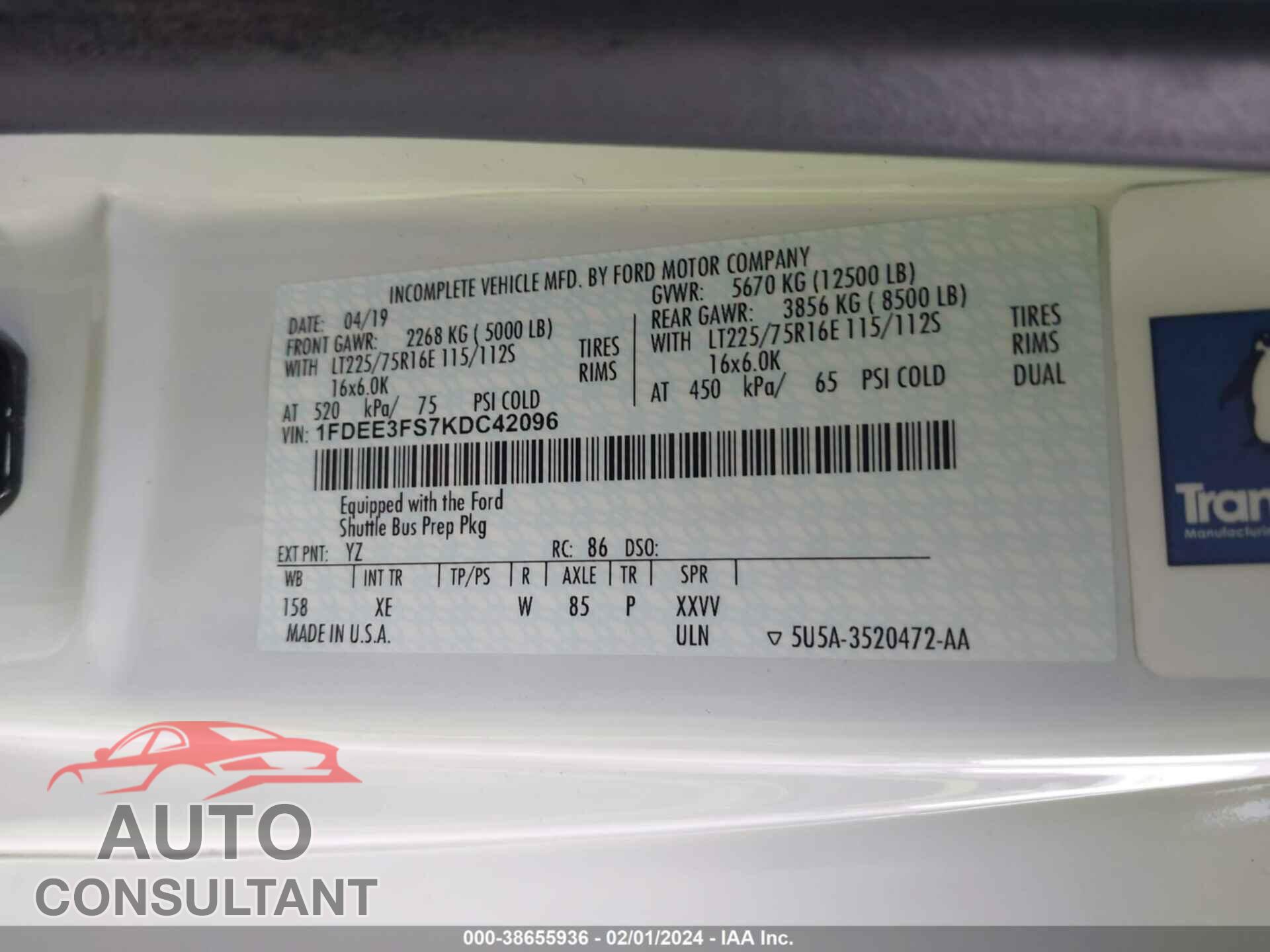 FORD E-350 CUTAWAY 2019 - 1FDEE3FS7KDC42096