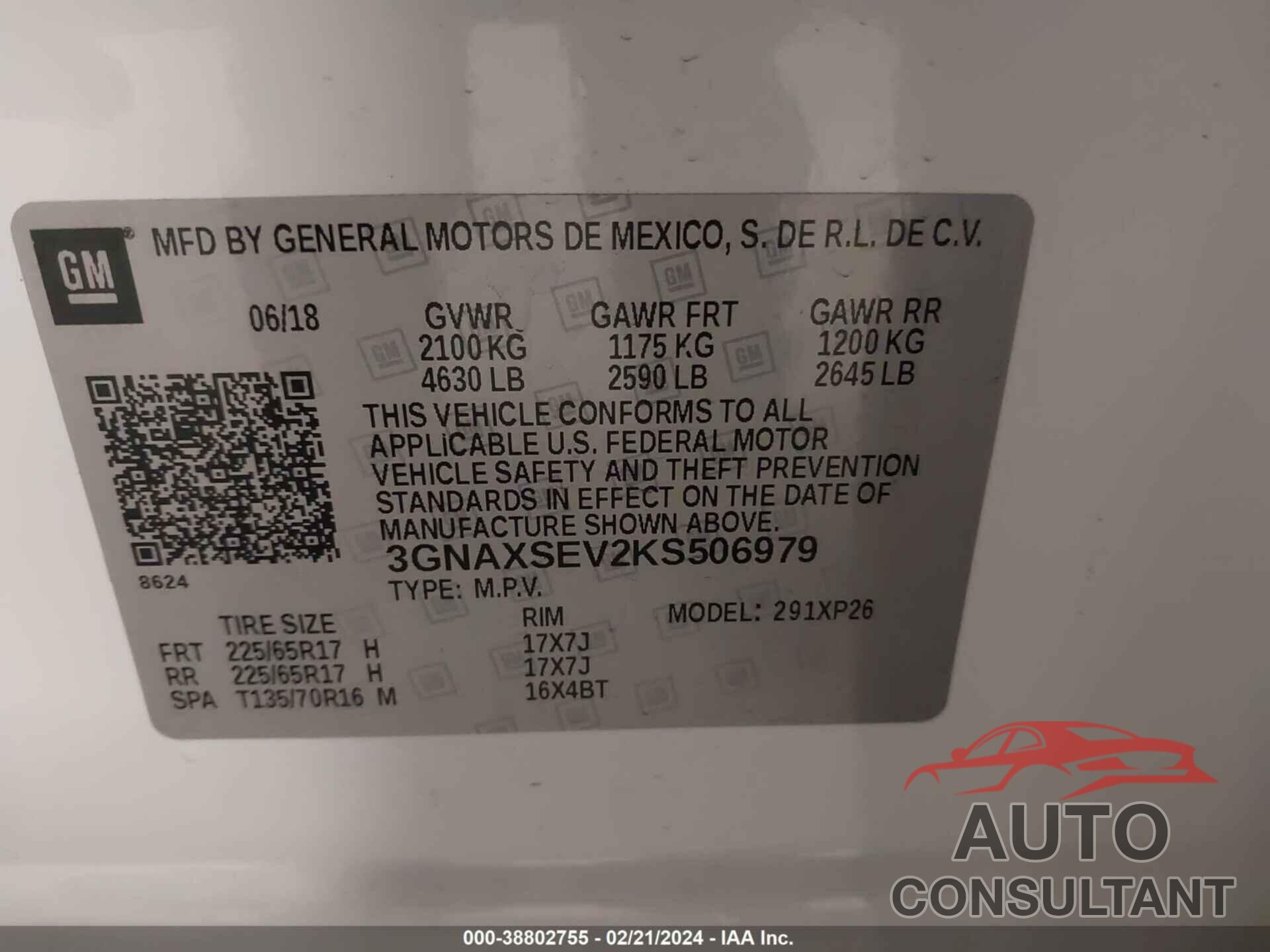 CHEVROLET EQUINOX 2019 - 3GNAXSEV2KS506979