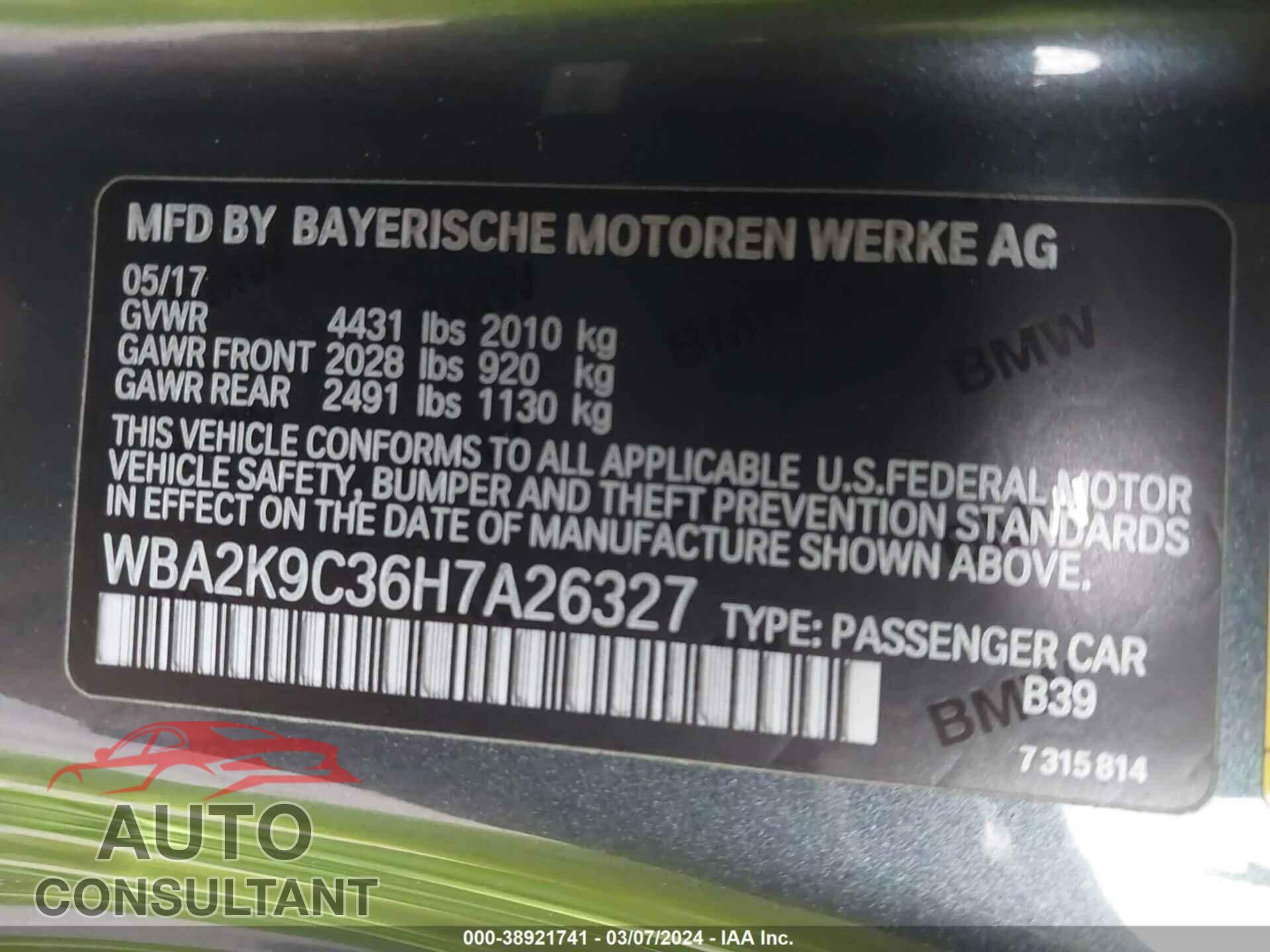 BMW 230I 2017 - WBA2K9C36H7A26327
