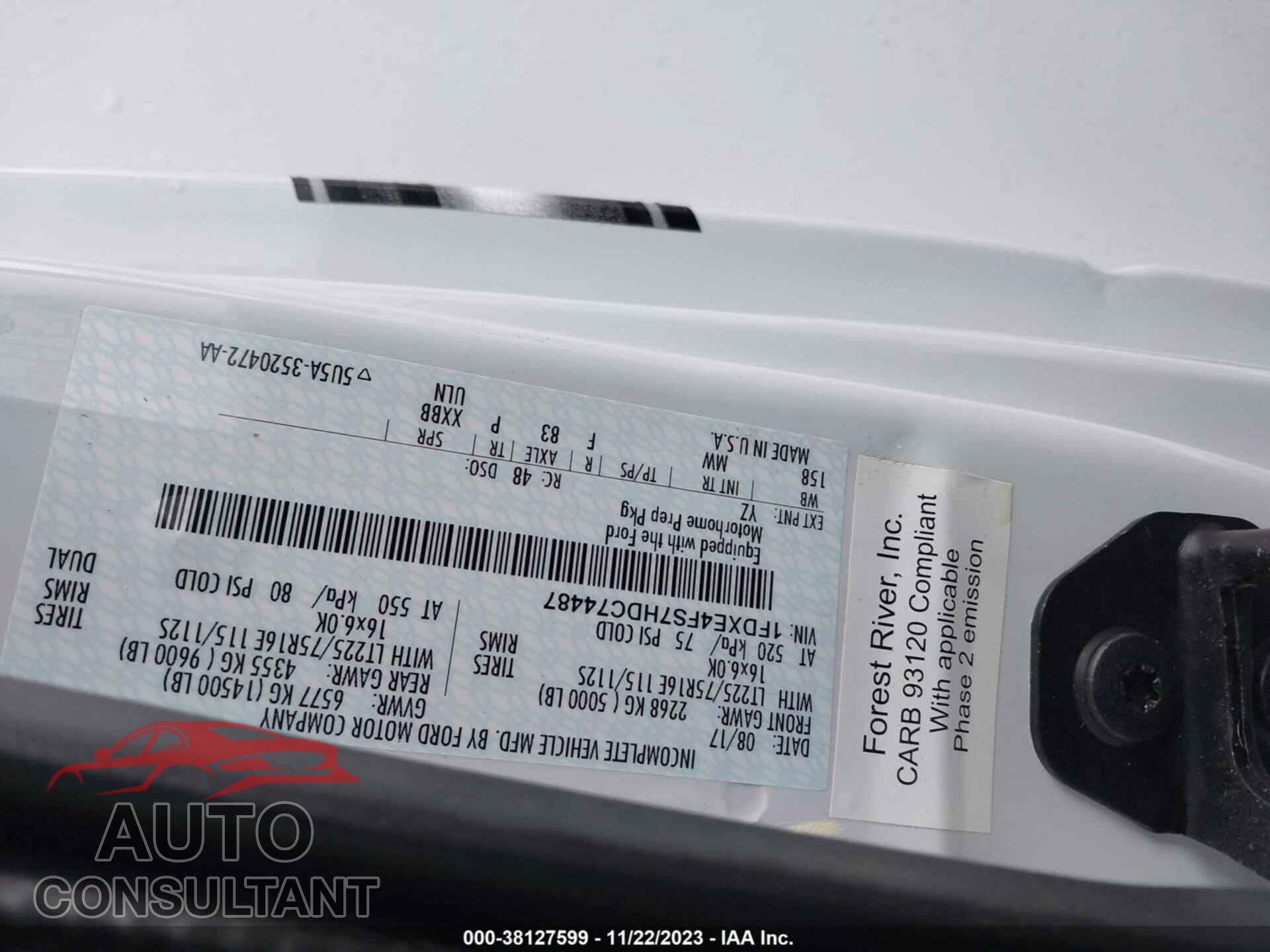 FORD E-450 CUTAWAY 2017 - 1FDXE4FS7HDC74487