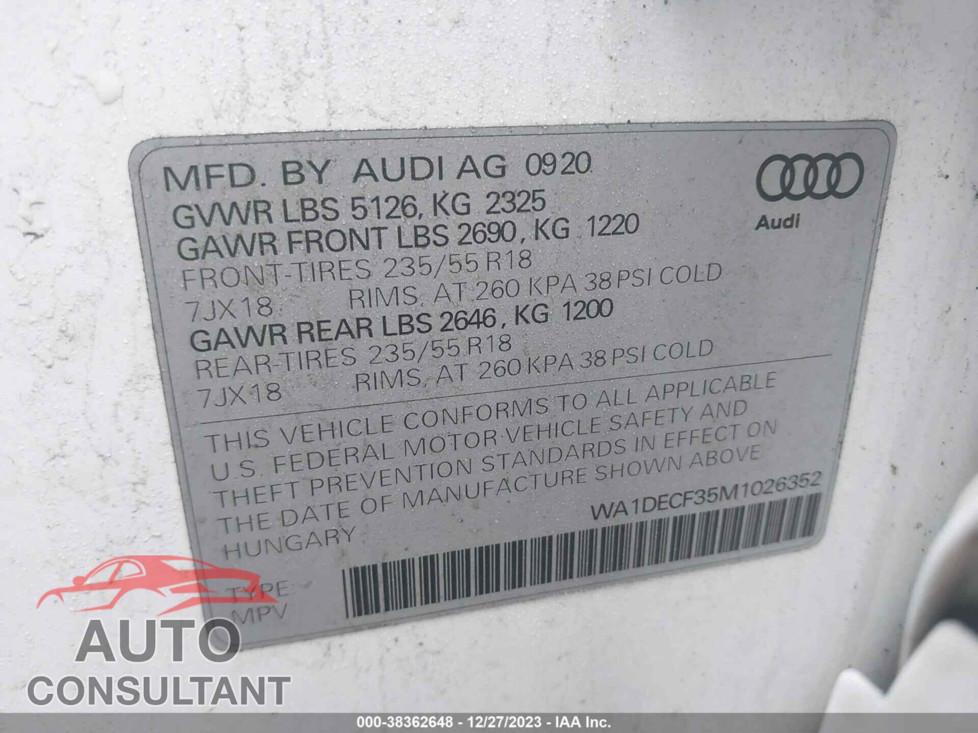 AUDI Q3 2021 - WA1DECF35M1026352