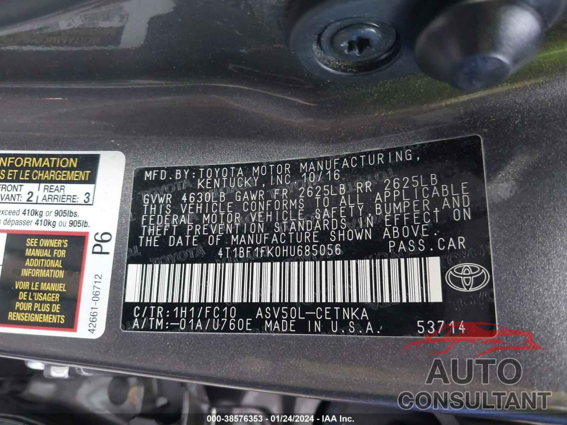 TOYOTA CAMRY 2017 - 4T1BF1FK0HU685056