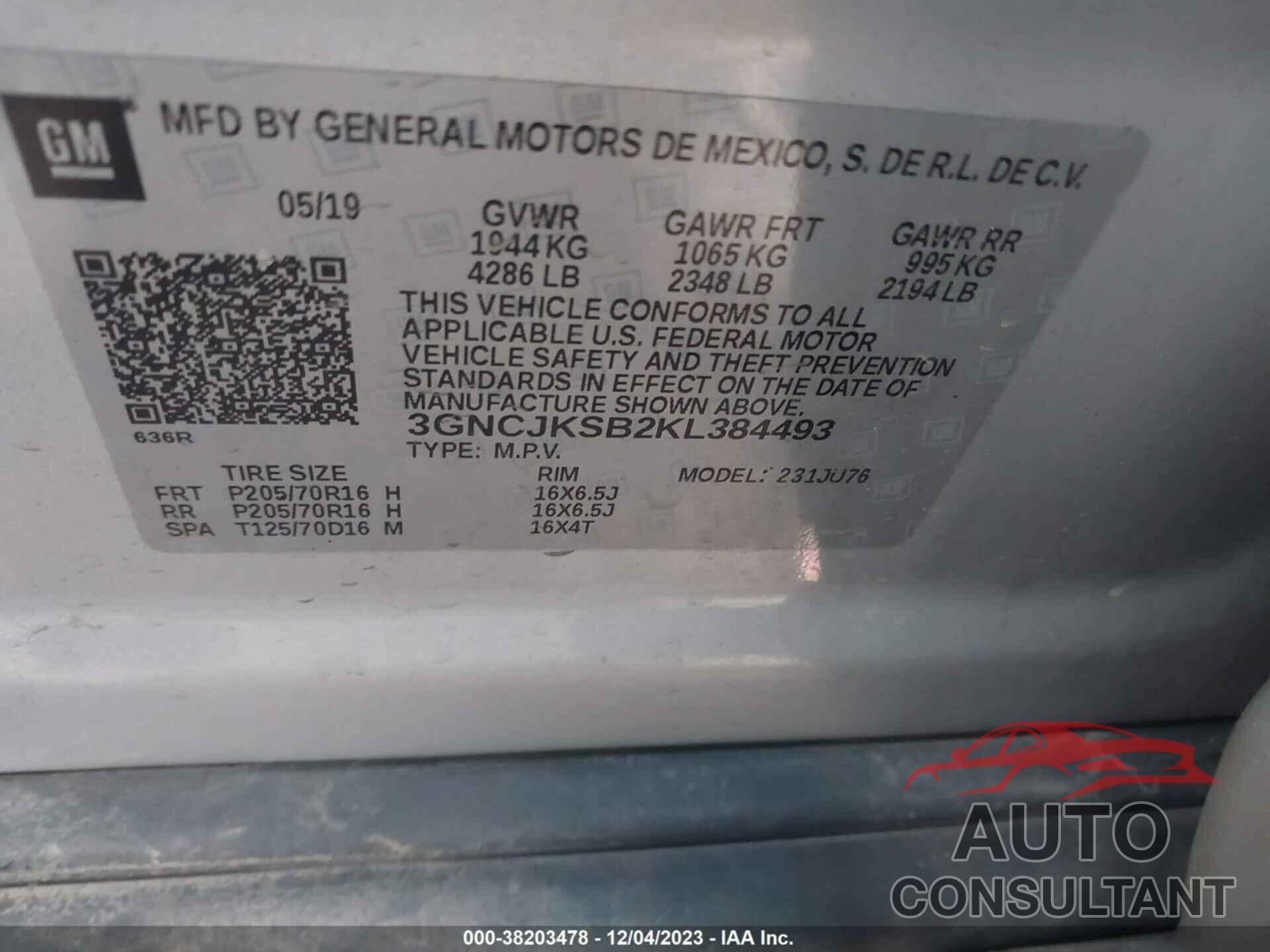 CHEVROLET TRAX 2019 - 3GNCJKSB2KL384493