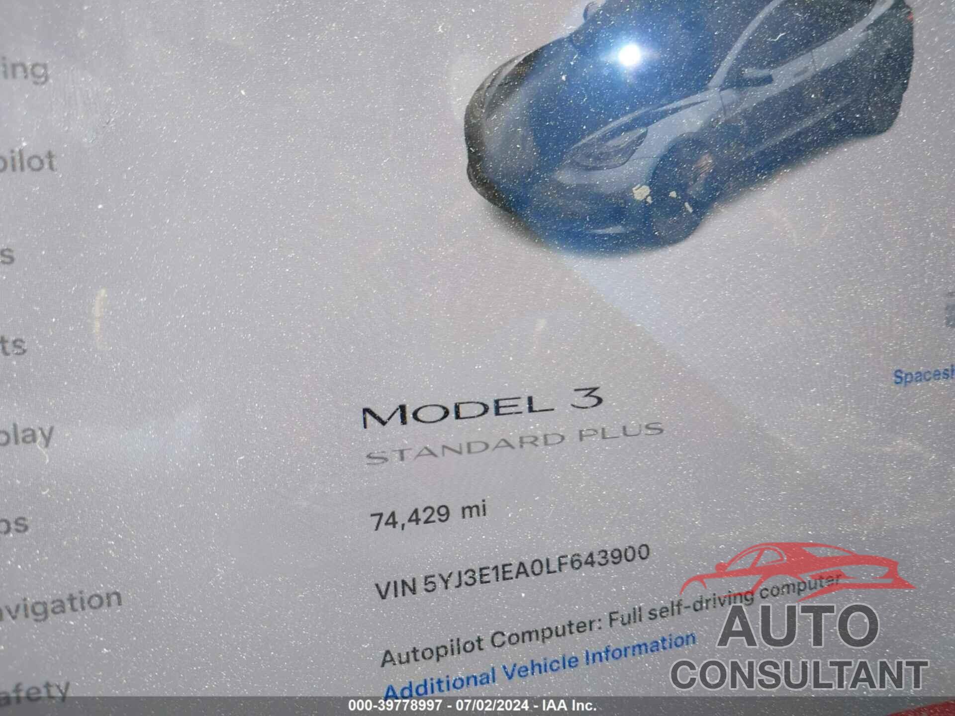 TESLA MODEL 3 2020 - 5YJ3E1EA0LF643900