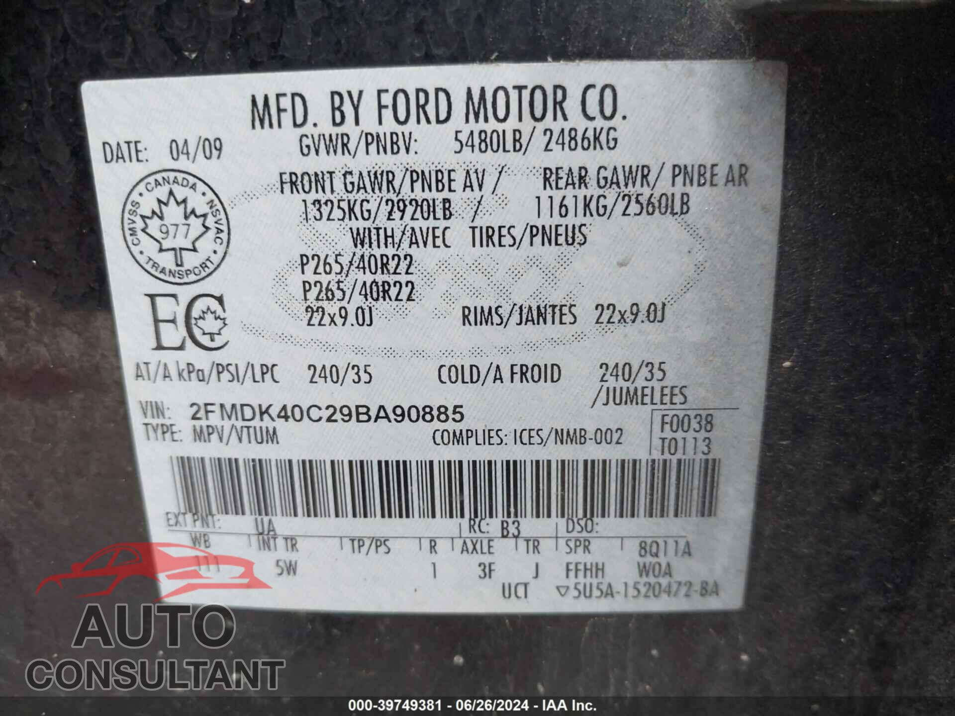 FORD EDGE 2009 - 2FMDK40C29BA90885
