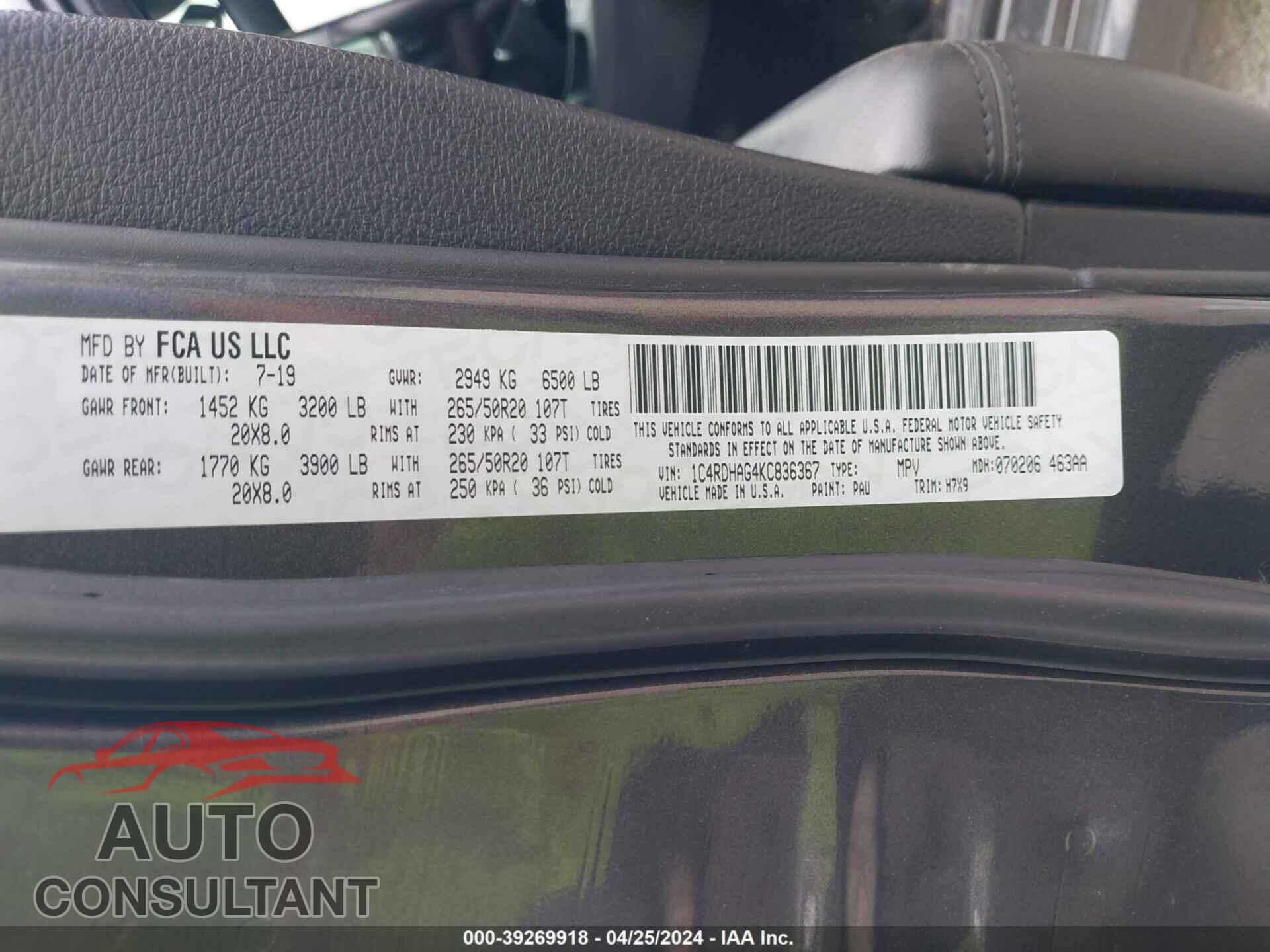DODGE DURANGO 2019 - 1C4RDHAG4KC836367