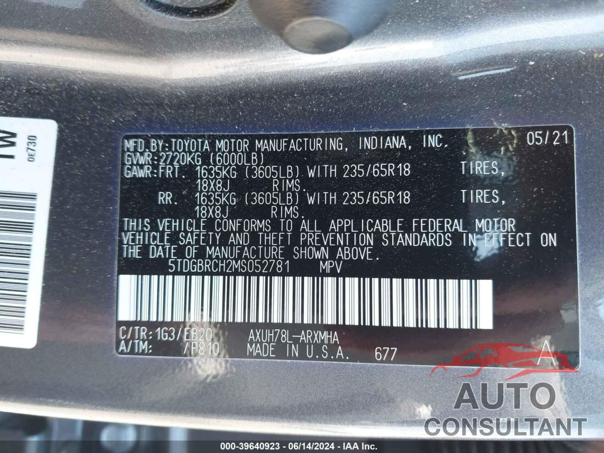 TOYOTA HIGHLANDER 2021 - 5TDGBRCH2MS052781