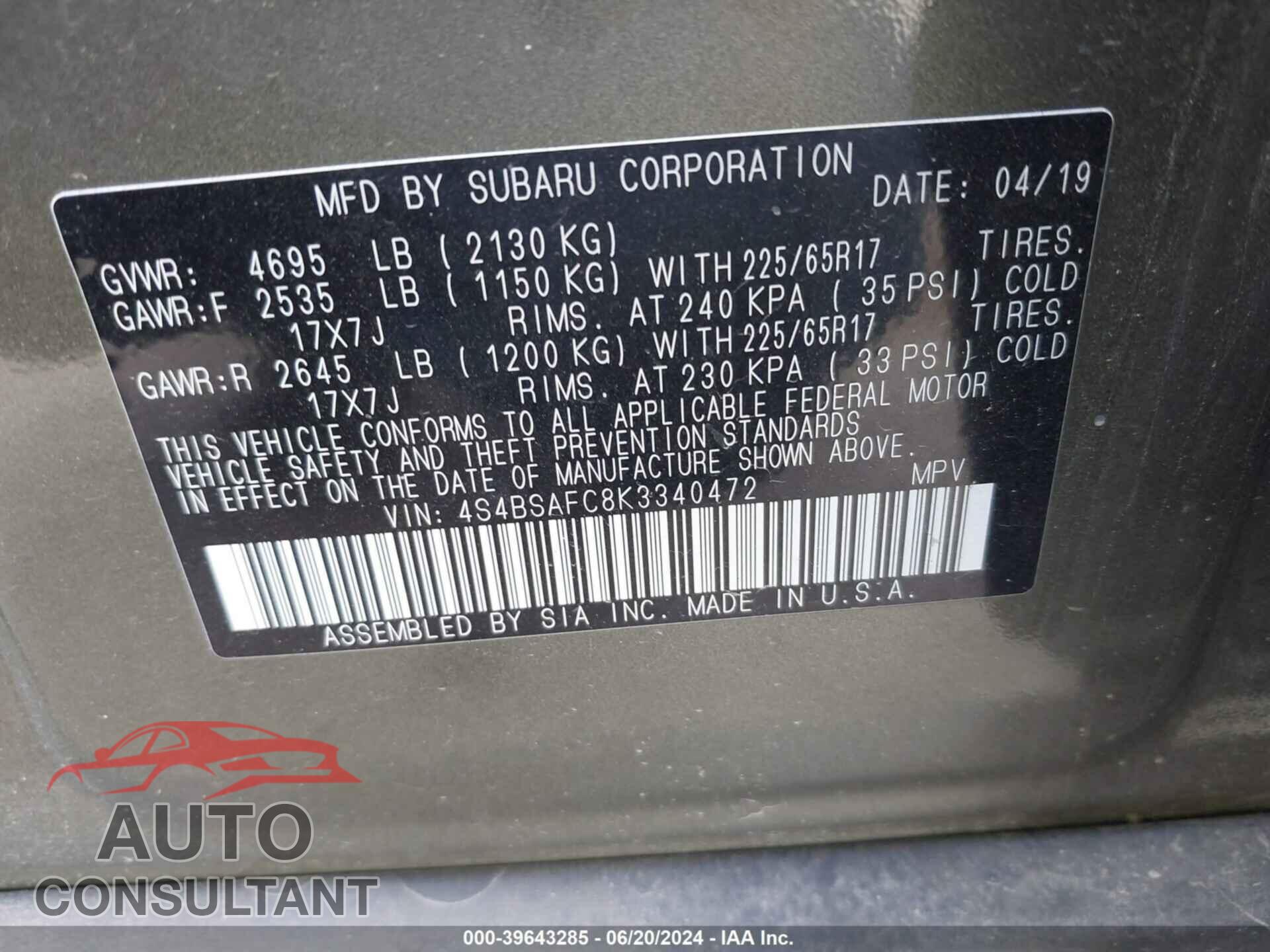 SUBARU OUTBACK 2019 - 4S4BSAFC8K3340472