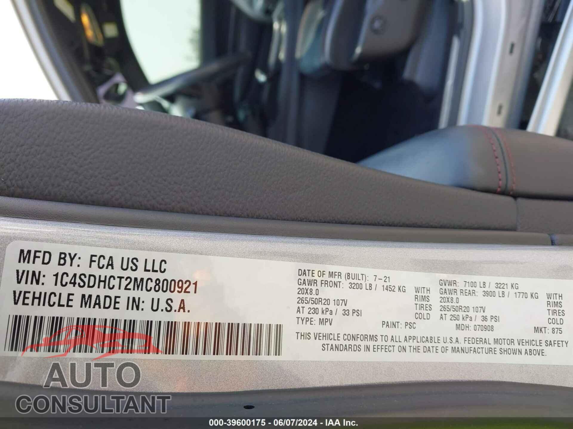 DODGE DURANGO 2021 - 1C4SDHCT2MC800921