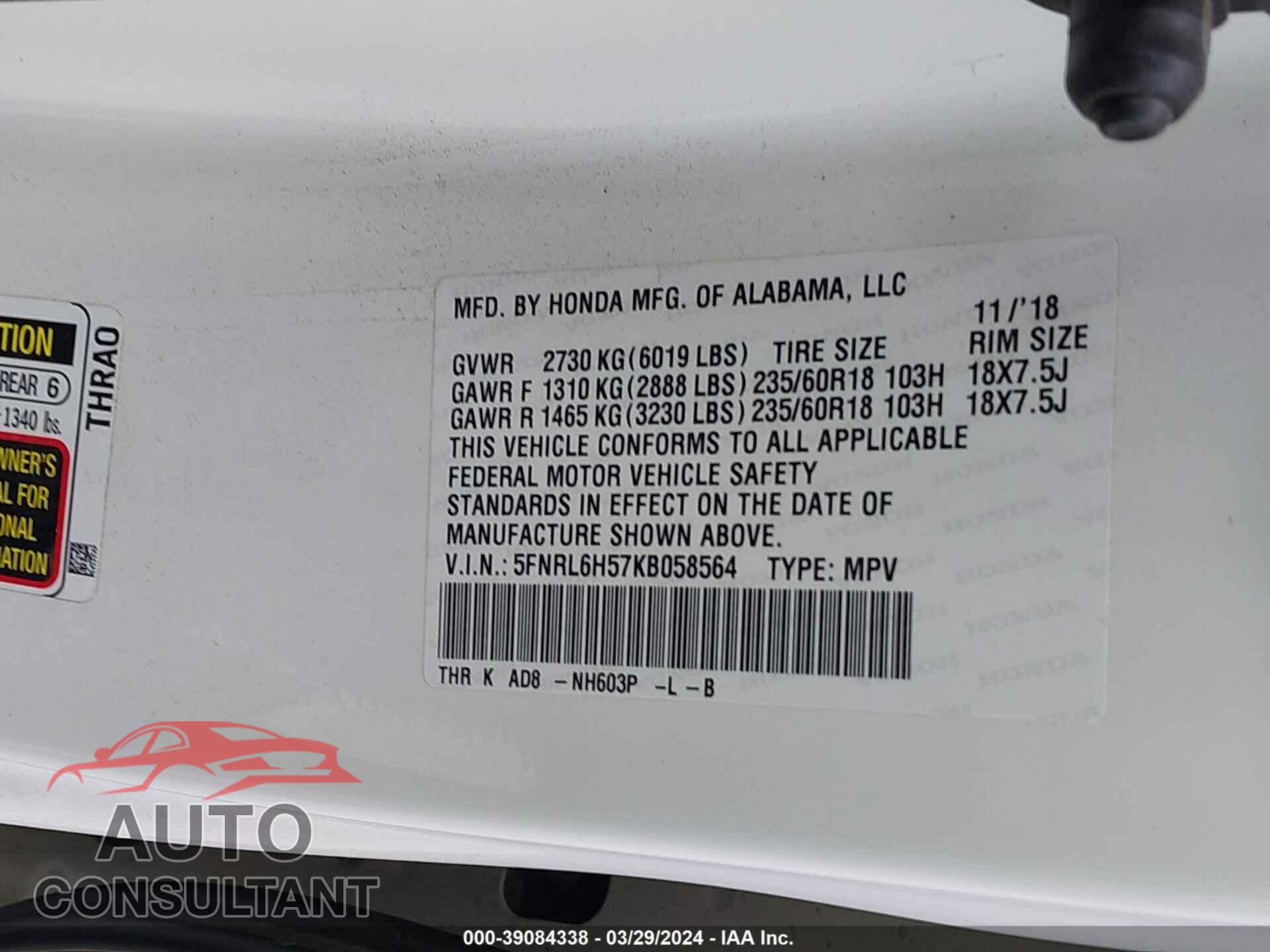 HONDA ODYSSEY 2019 - 5FNRL6H57KB058564