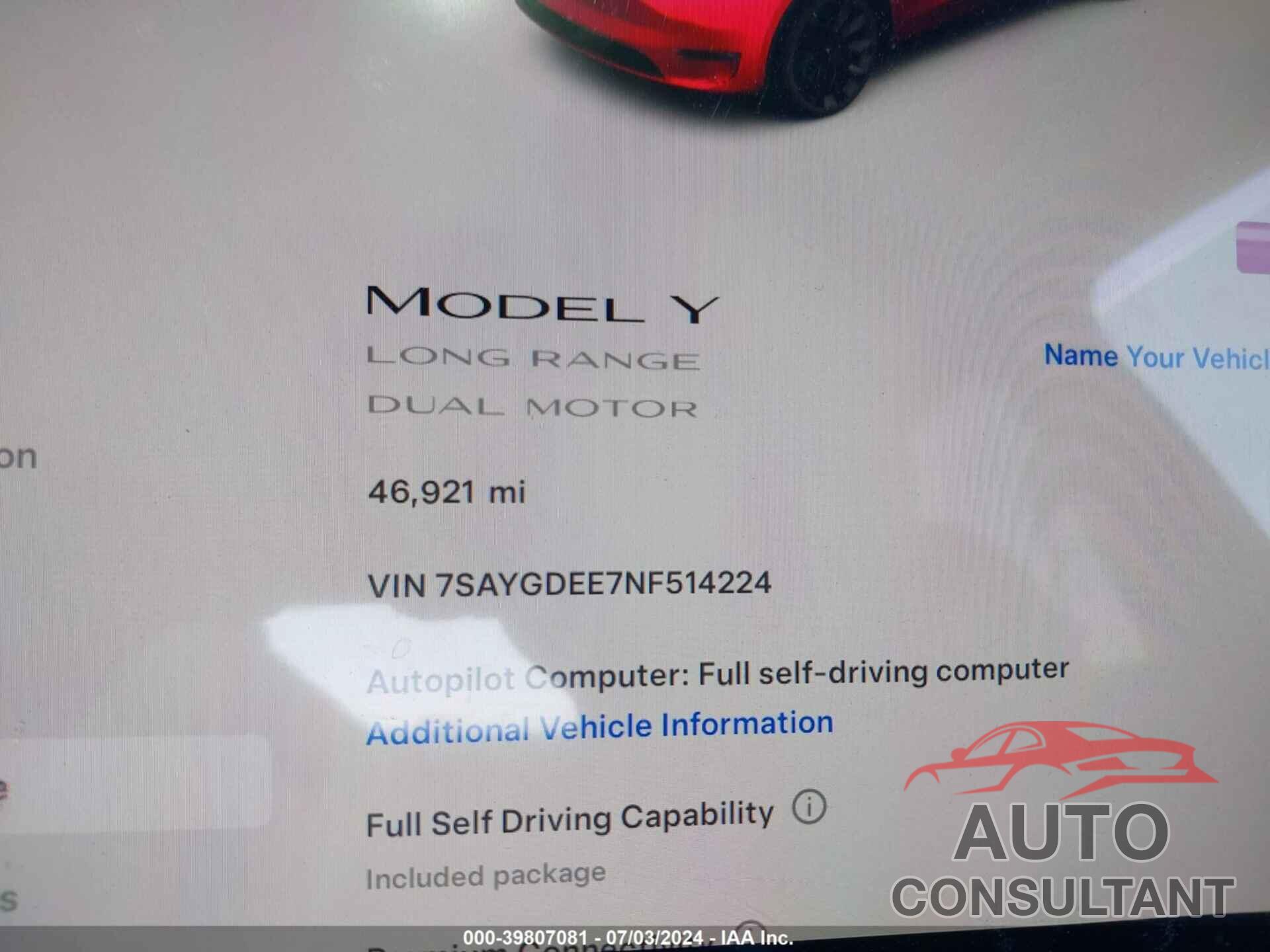 TESLA MODEL Y 2022 - 7SAYGDEE7NF514224